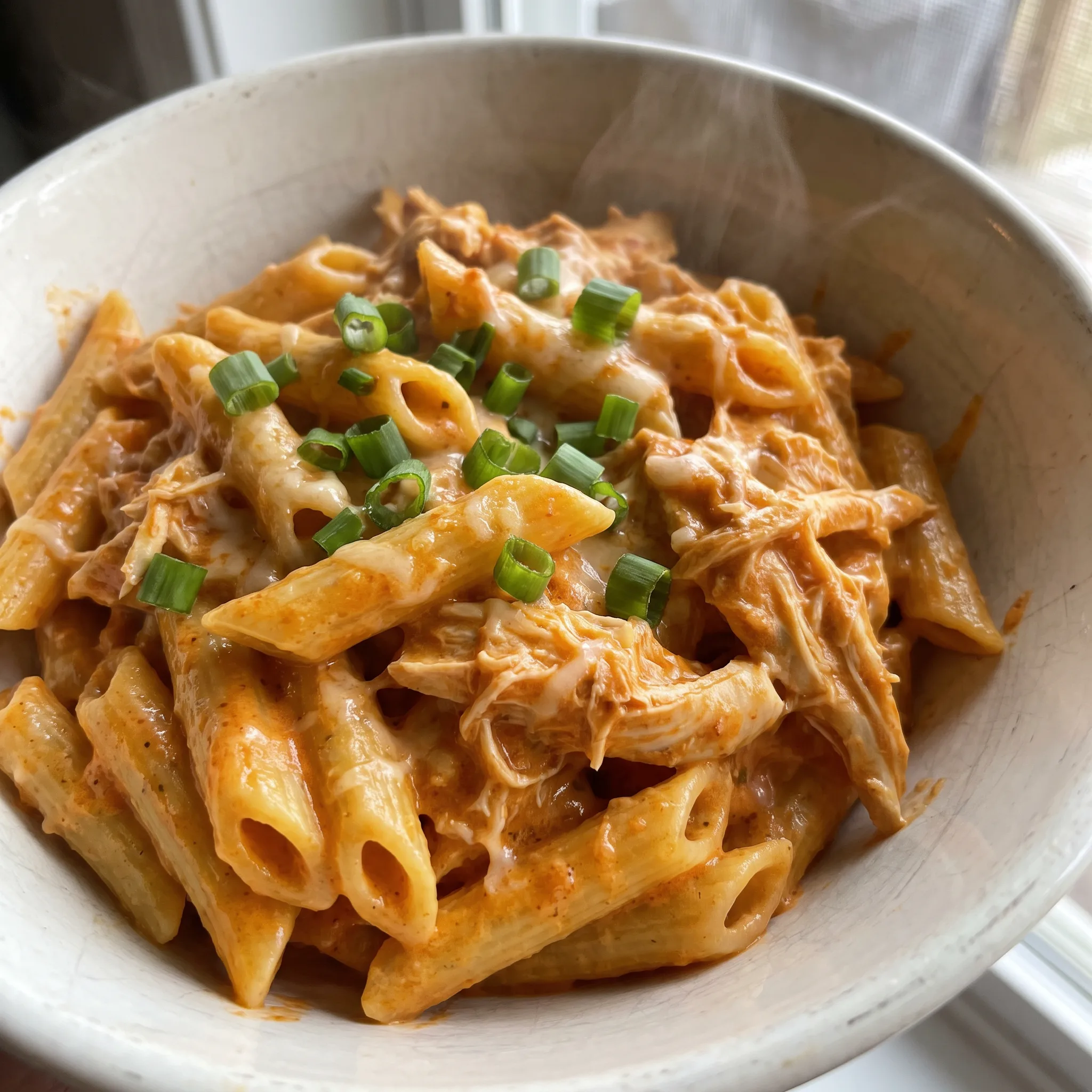 Buffalo chicken pasta with cubed chicken, penne, orange sauce, melted mozzarella and Parmesan, and sliced green onions.
