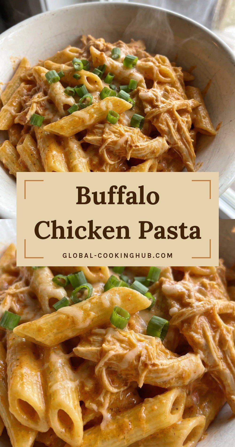 Creamy buffalo chicken pasta with shredded chicken, penne, melted Parmesan and mozzarella, and chopped green onions.