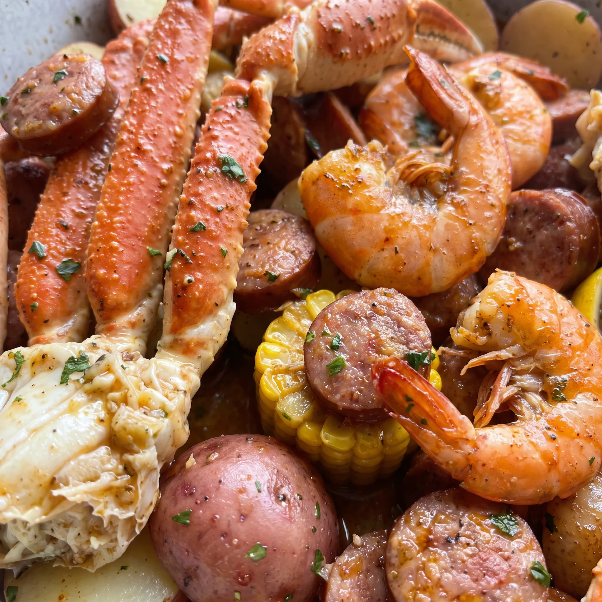 Glossy garlic butter coating pink shrimp and crab legs, with yellow corn, red sausage slices, and creamy egg yolks.