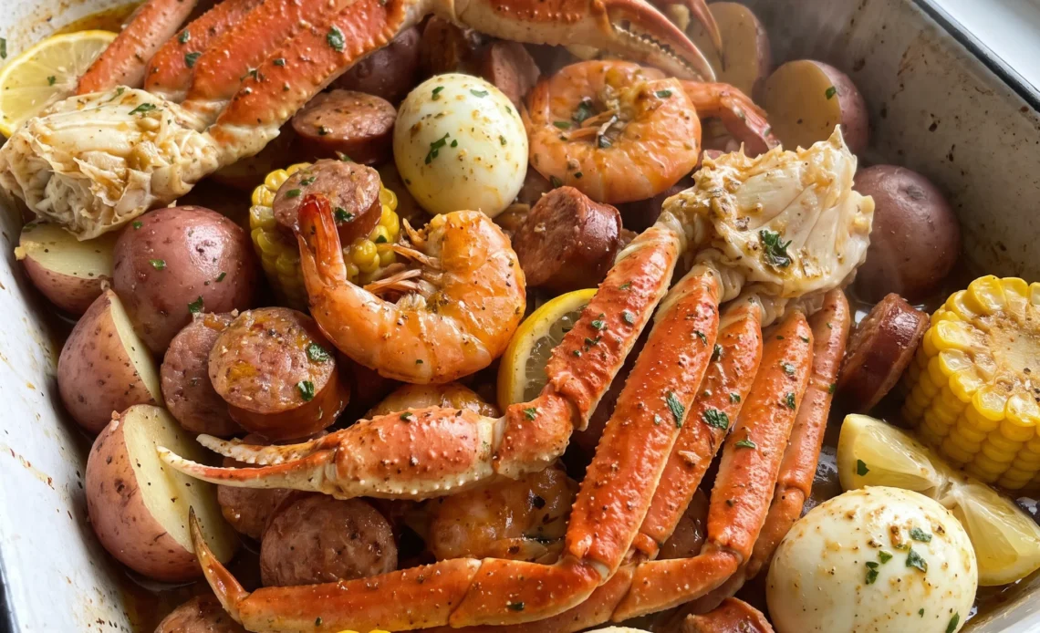 Cajun seafood boil with shrimp, snow crab legs, andouille sausage, corn on the cob, baby potatoes, and halved hard-boiled eggs.