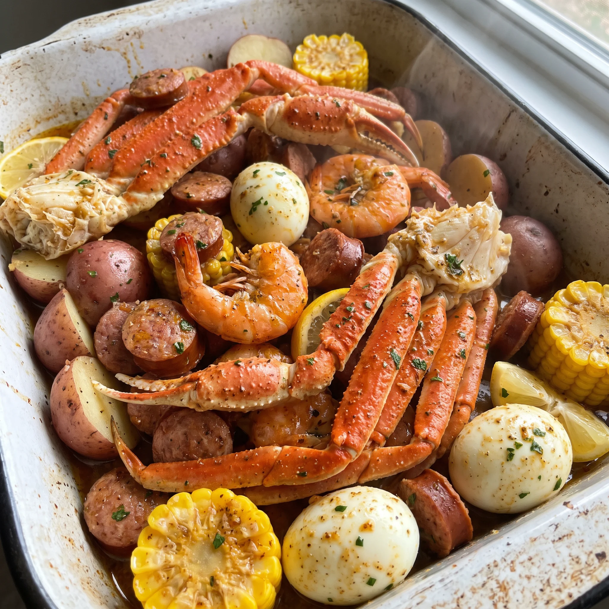 Cajun seafood boil with shrimp, snow crab legs, andouille sausage, corn on the cob, baby potatoes, and halved hard-boiled eggs.