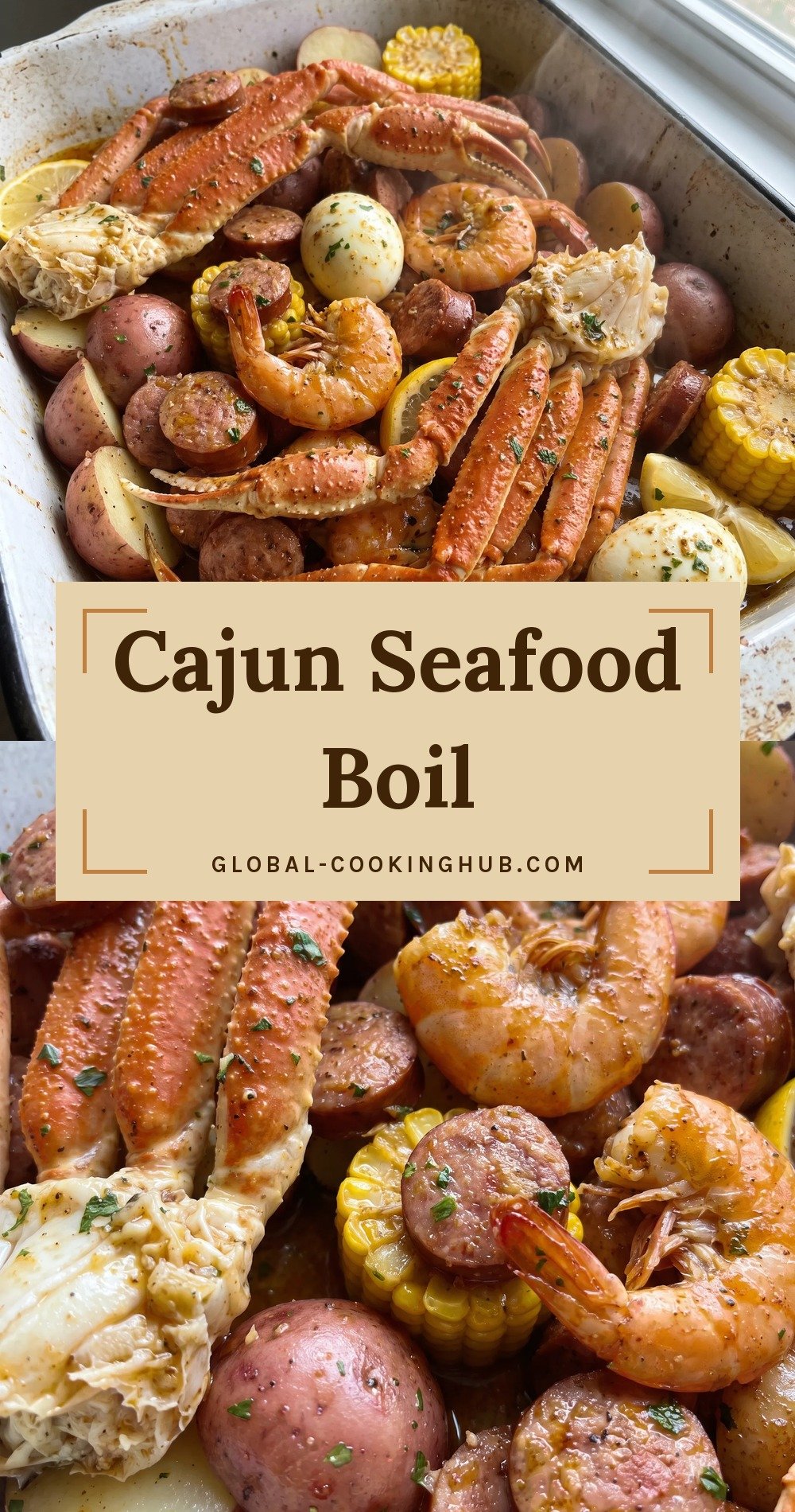 Pink shrimp, snow crab legs, andouille sausage rounds, corn cobs, baby potatoes, and halved hard-boiled eggs coated in garlic butter.