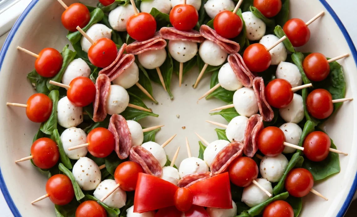 Caprese wreath of mozzarella balls, grape tomatoes and basil leaves, drizzled with balsamic glaze.