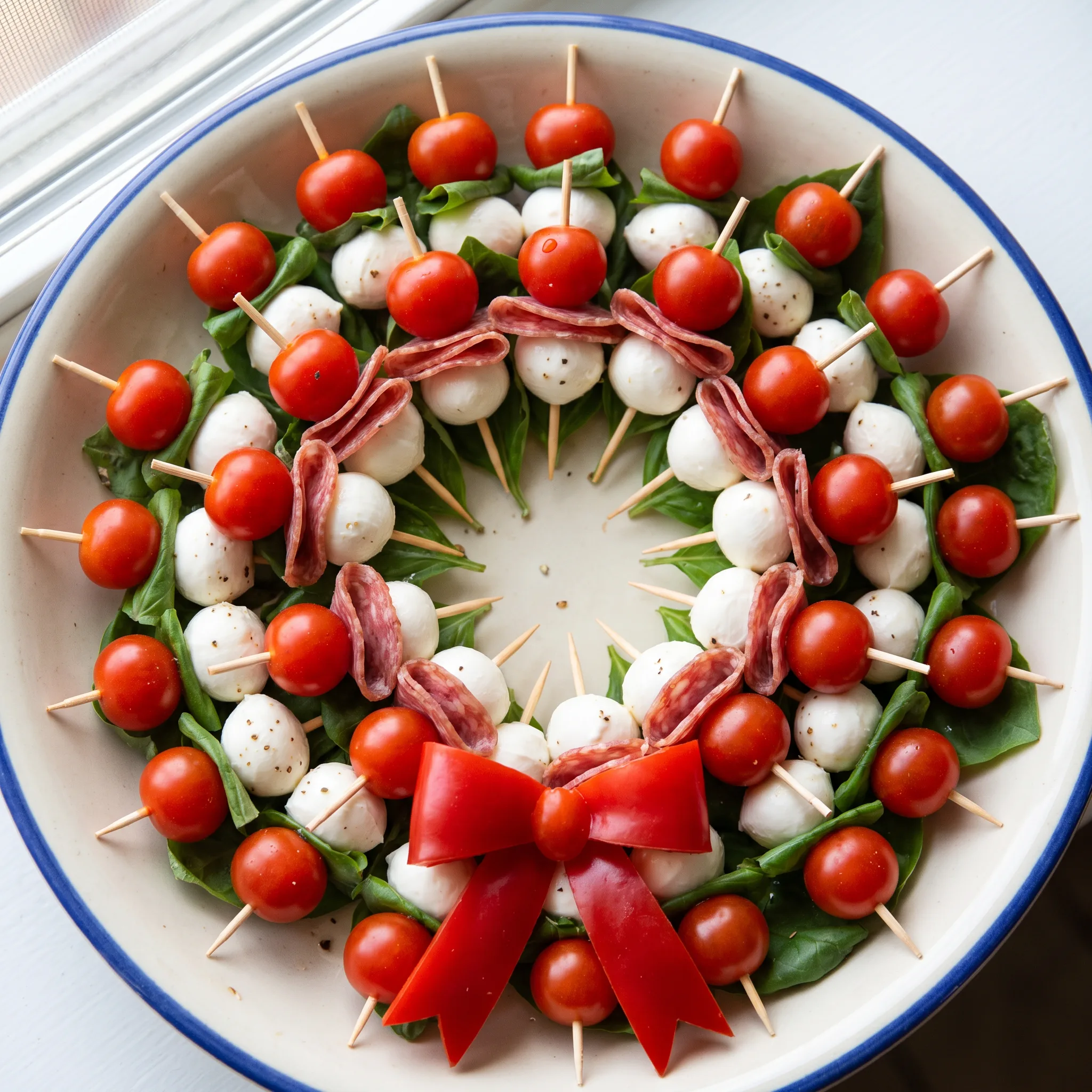 Caprese wreath of mozzarella balls, grape tomatoes and basil leaves, drizzled with balsamic glaze.