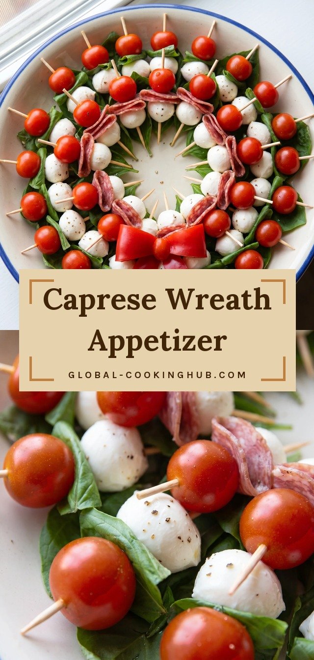 Mozzarella balls, grape tomatoes, and fresh basil leaves skewered on toothpicks in a round wreath, drizzled with dark balsamic glaze.
