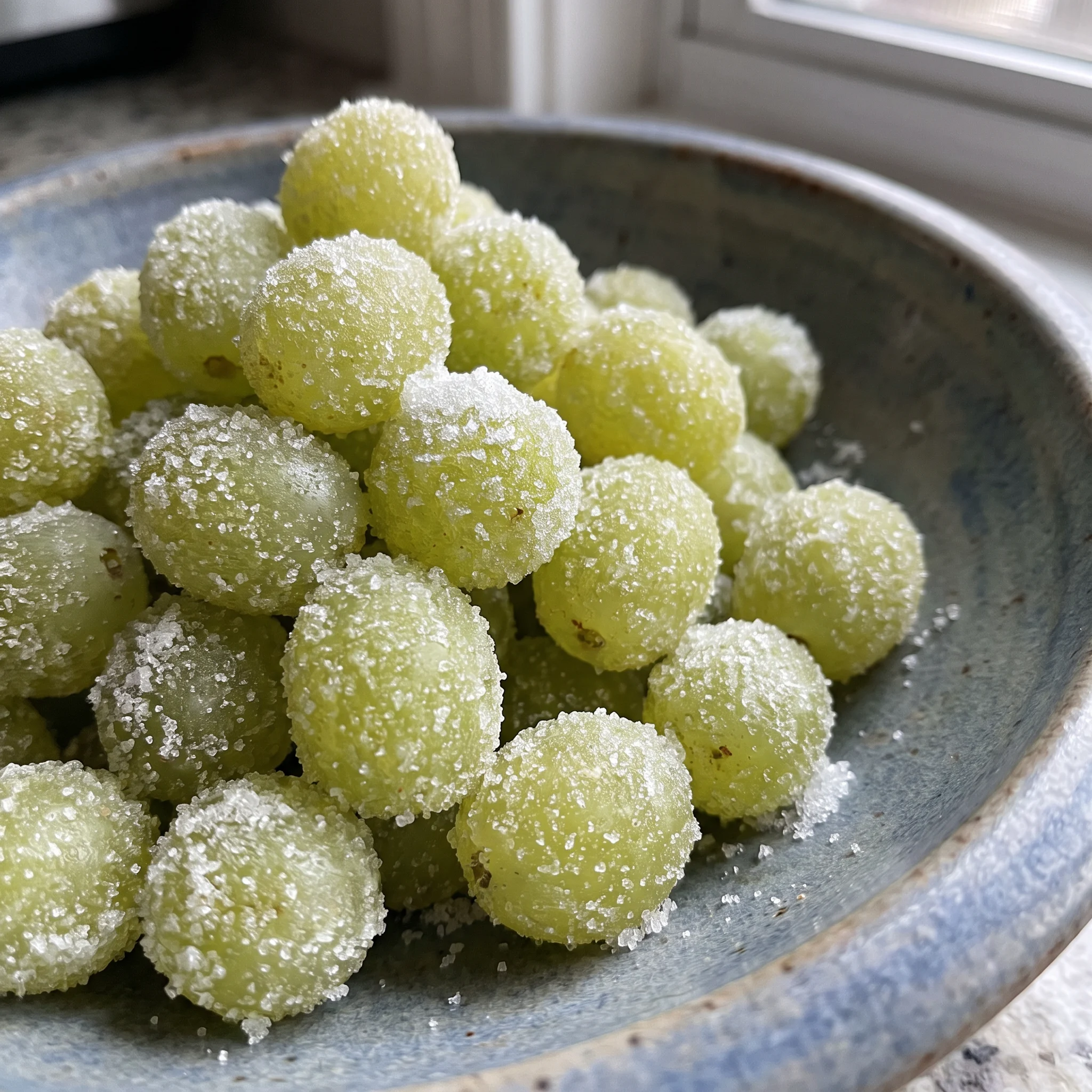 Champagne grapes coated in sugar, pale green and translucent, piled loosely with a glossy syrup sheen.