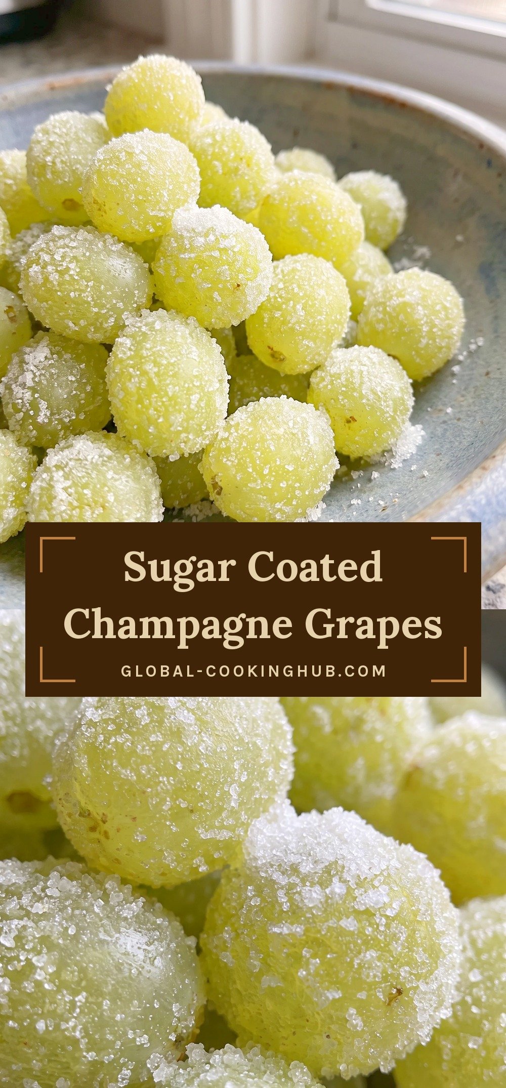 Green grapes coated in coarse white sugar, glistening and clustered together with champagne.