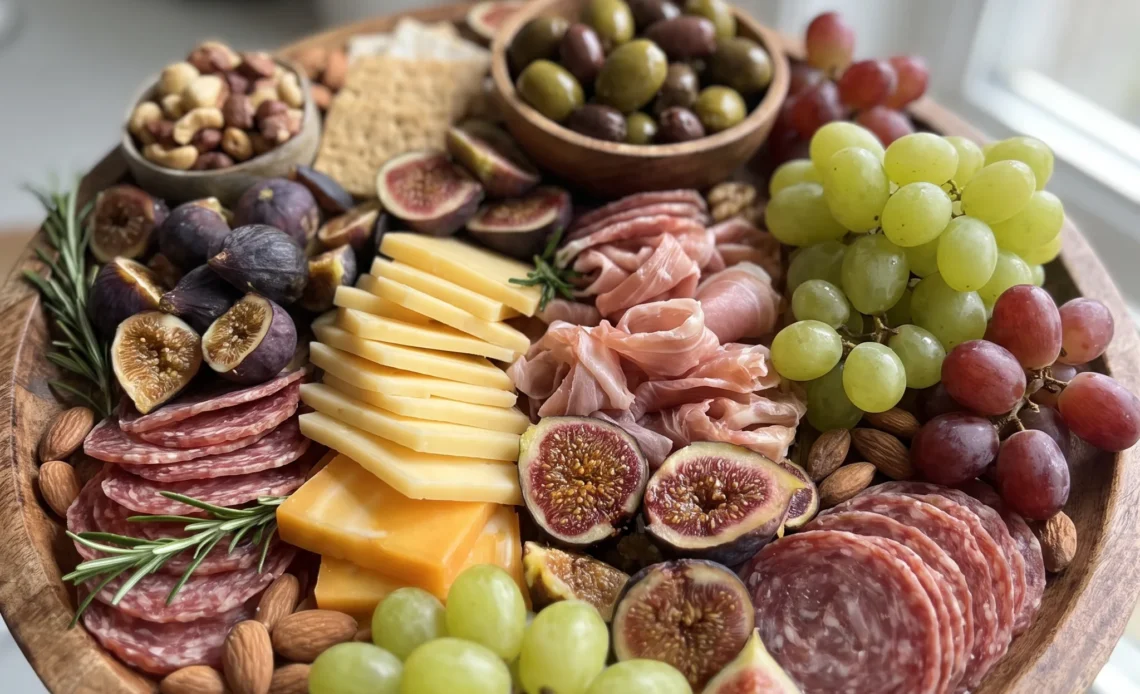 Charcuterie board with sliced cheese, cured meats, fresh and dried fruit, crackers, dips, and olives arranged together.