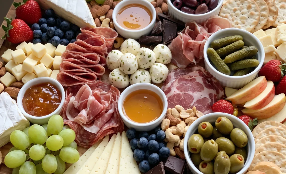 Charcuterie board with cheese slices, salami rounds, prosciutto, olives, grapes, and crackers arranged together.