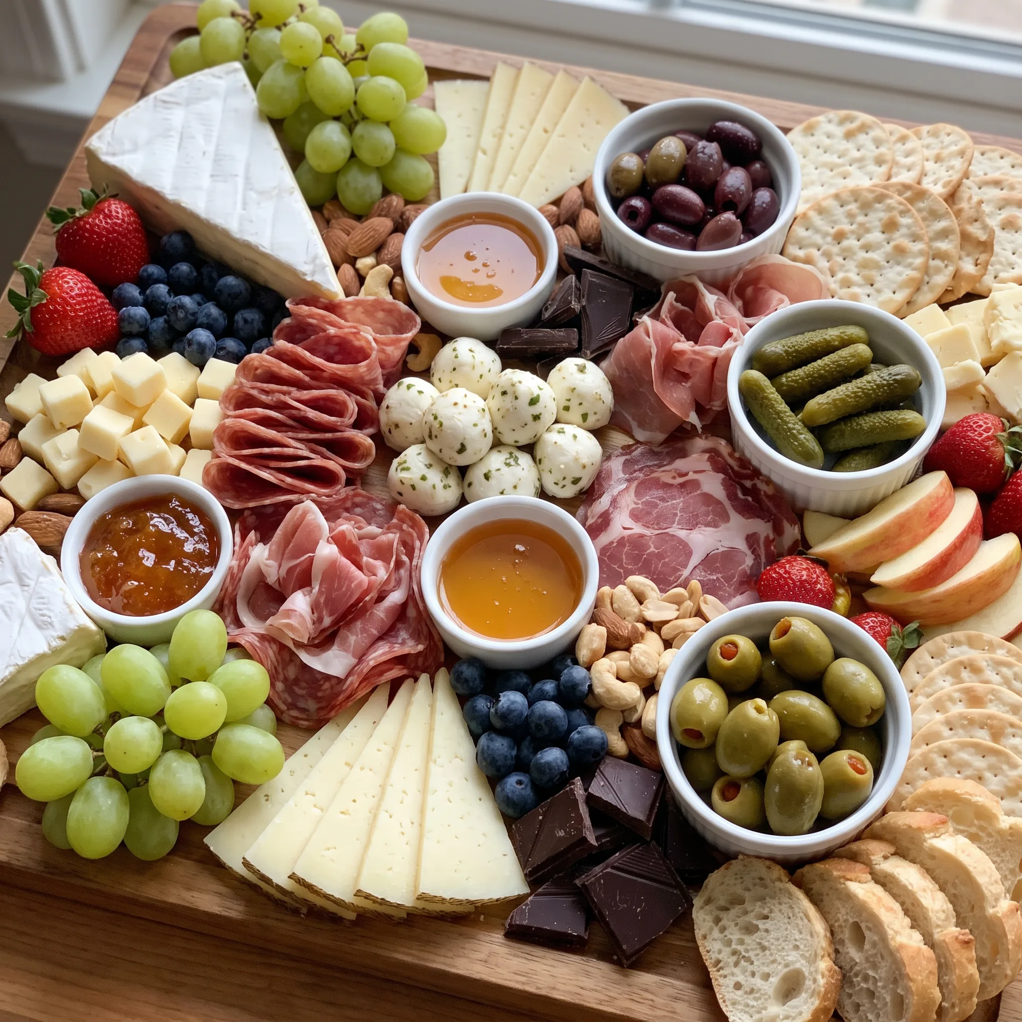 Charcuterie board with cheese slices, salami rounds, prosciutto, olives, grapes, and crackers arranged together.