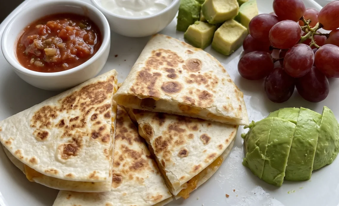 Cheese quesadillas cut in triangles with melted cheese, salsa, sour cream, avocado slices, and grapes.