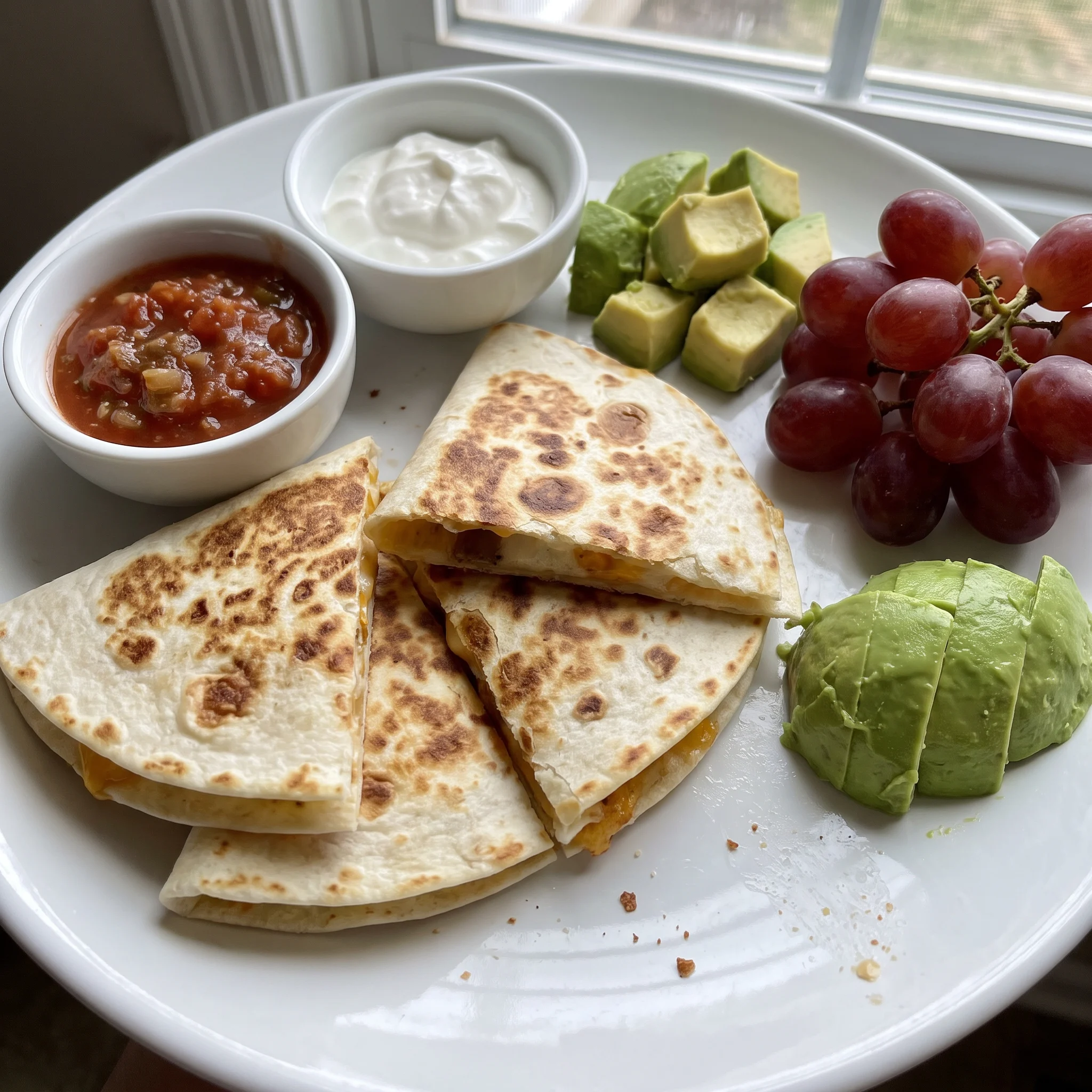 Cheese quesadillas cut in triangles with melted cheese, salsa, sour cream, avocado slices, and grapes.