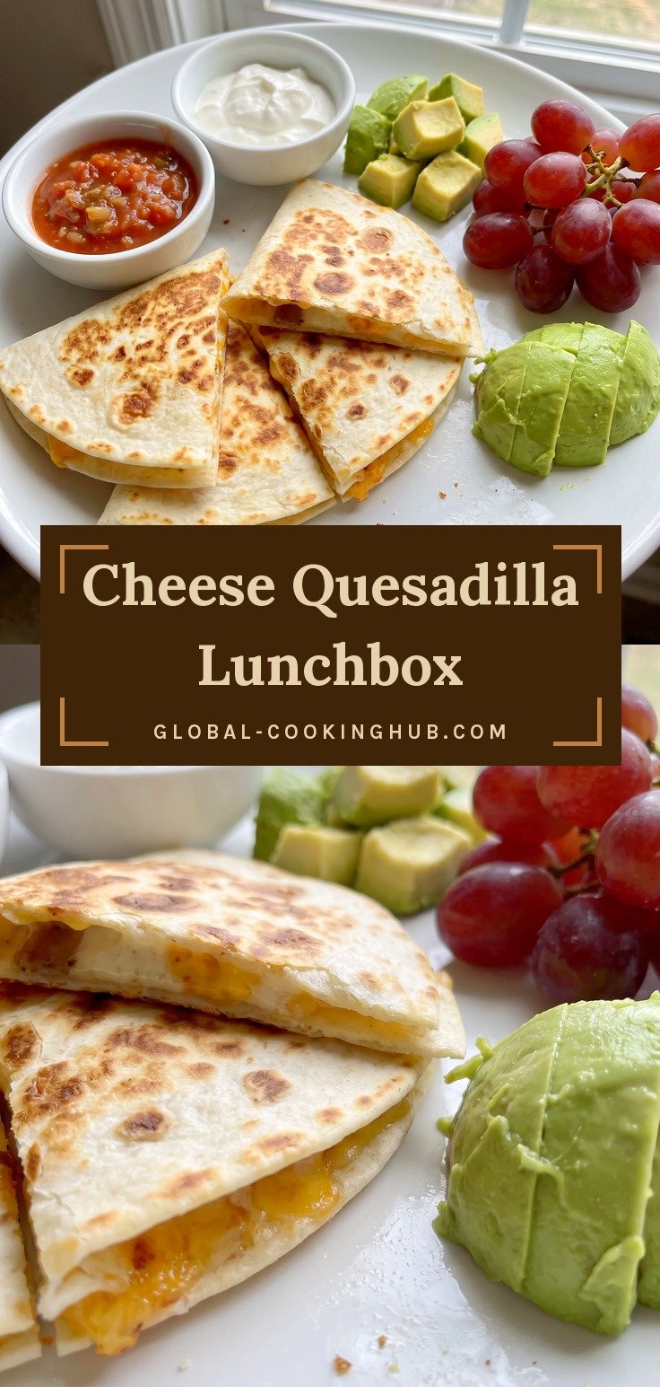 Plate with cheese quesadilla wedges, cups of salsa and sour cream, avocado and red grapes.