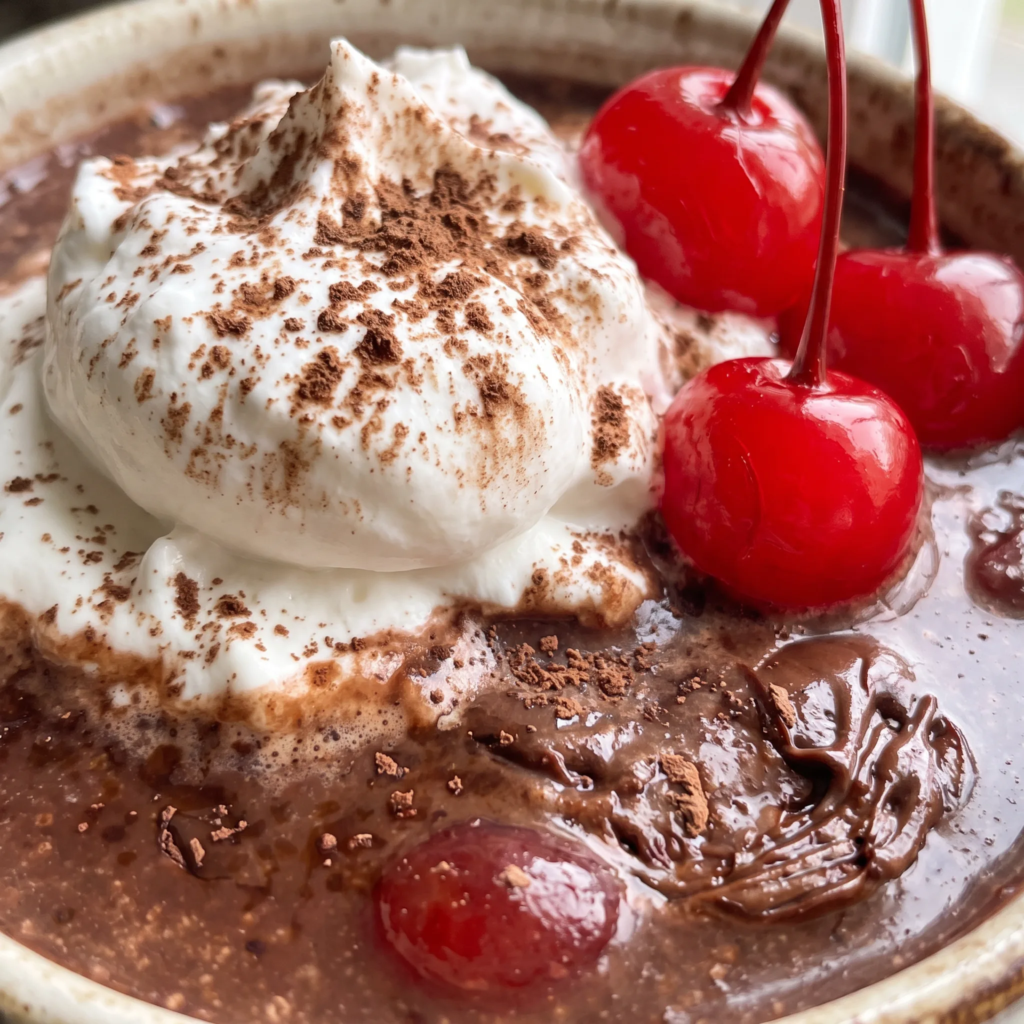 Whipped cream swirl melting into dark hot chocolate with a red maraschino cherry beside it