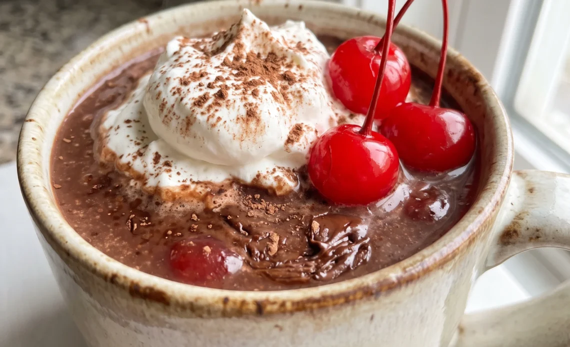 Slow cooker cherry hot chocolate in mugs with whipped cream and maraschino cherries on top