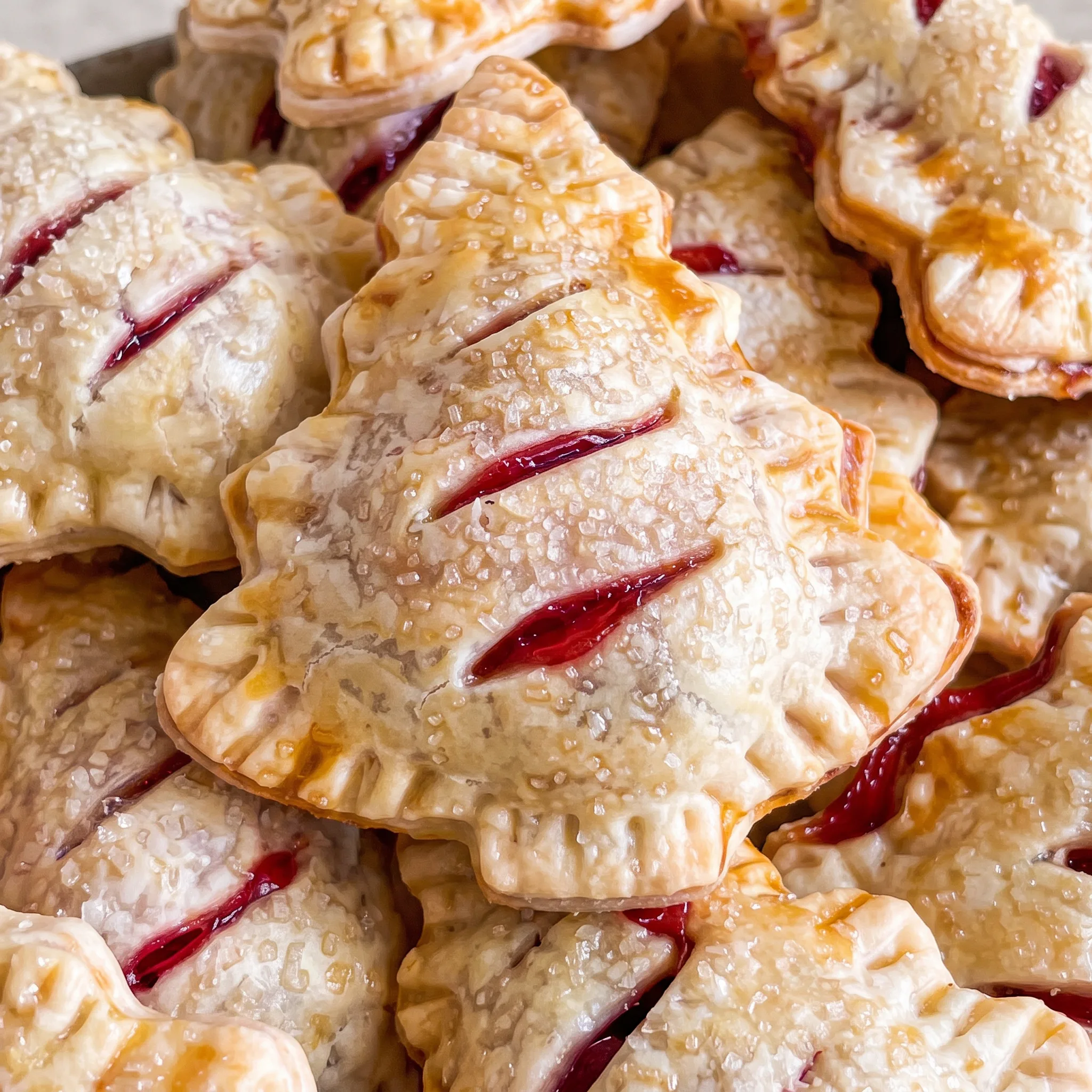 Glossy dark red cherry filling bubbling through slits in flaky golden crust, coarse sanding sugar sparkling on top.