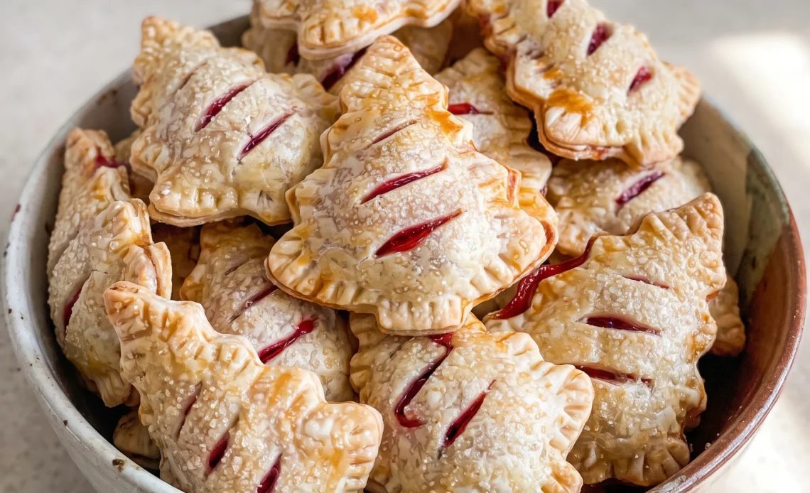 Cherry Tree Hand Pies with golden crimped pie crust, deep red cherry pie filling visible at vents, topped with sanding sugar.