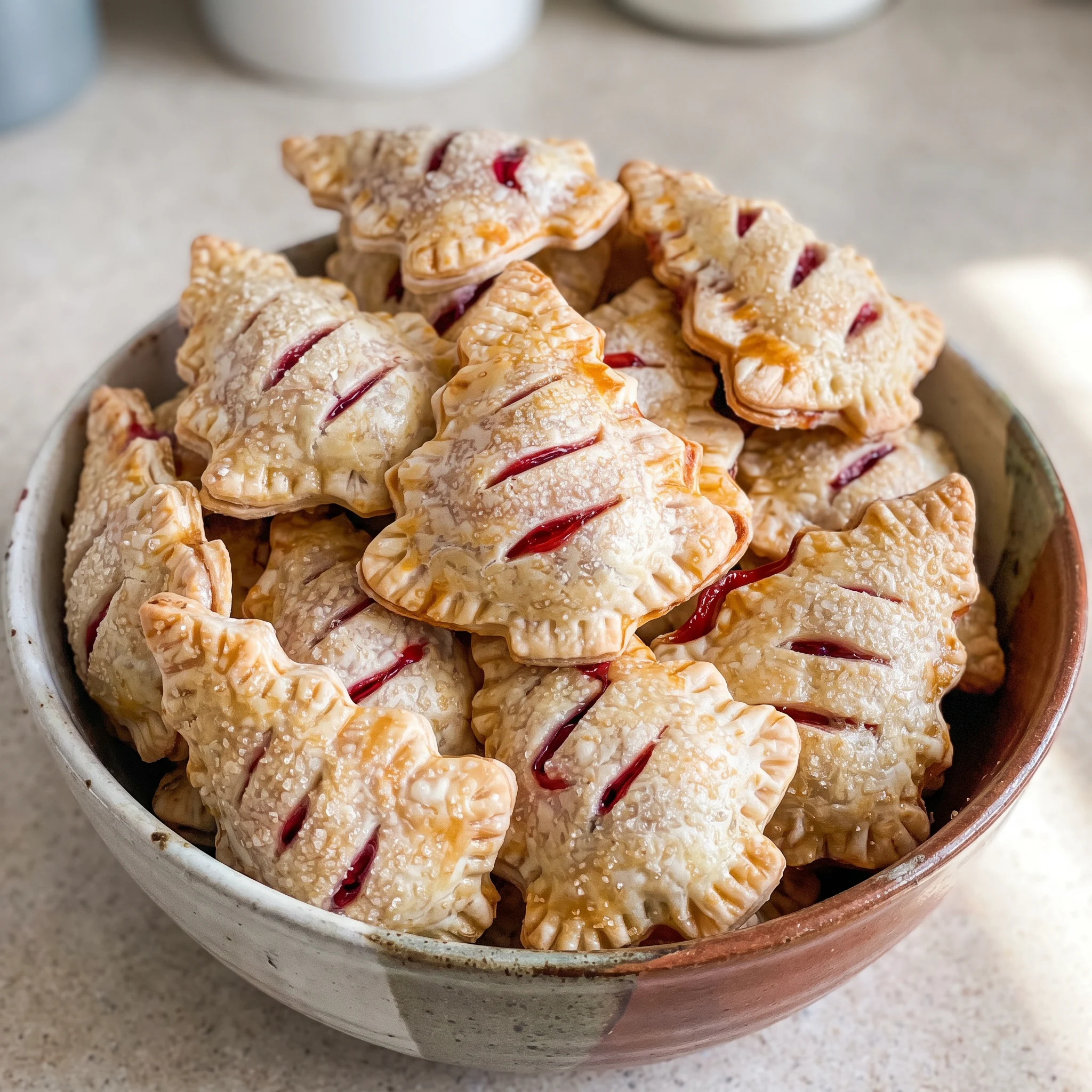 Cherry Tree Hand Pies with golden crimped pie crust, deep red cherry pie filling visible at vents, topped with sanding sugar.