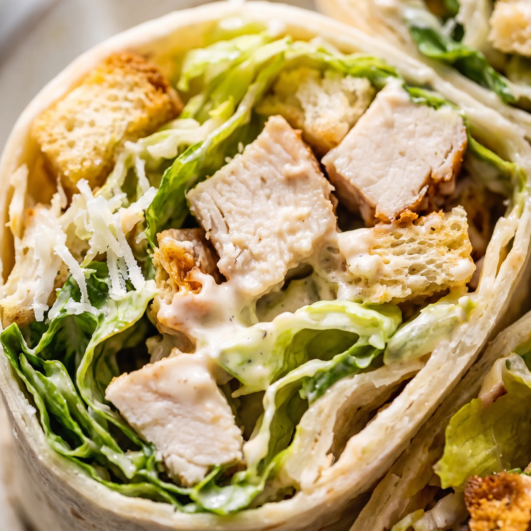 Crisp romaine and golden croutons coated in creamy Caesar dressing with shredded Parmesan and sliced chicken.