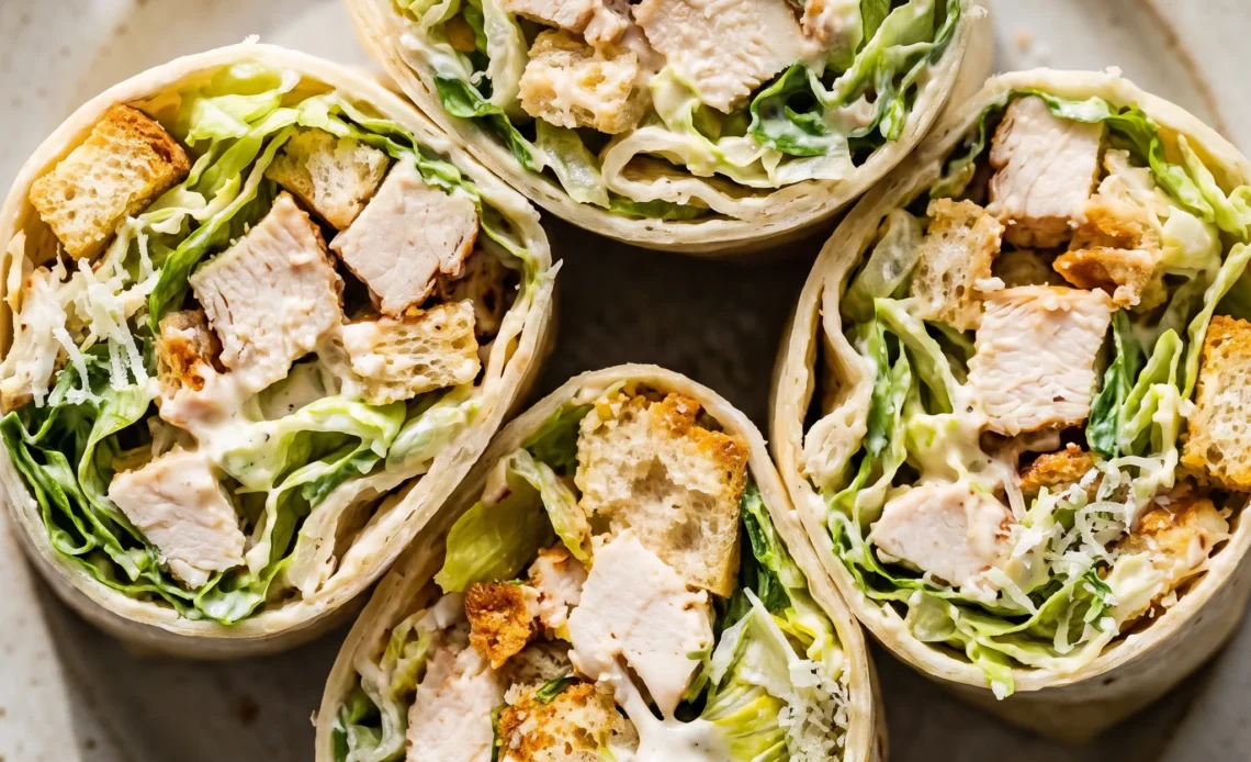 Chicken Caesar wraps with romaine lettuce, cooked chicken, Caesar dressing, Parmesan cheese, and croutons in flour tortillas.