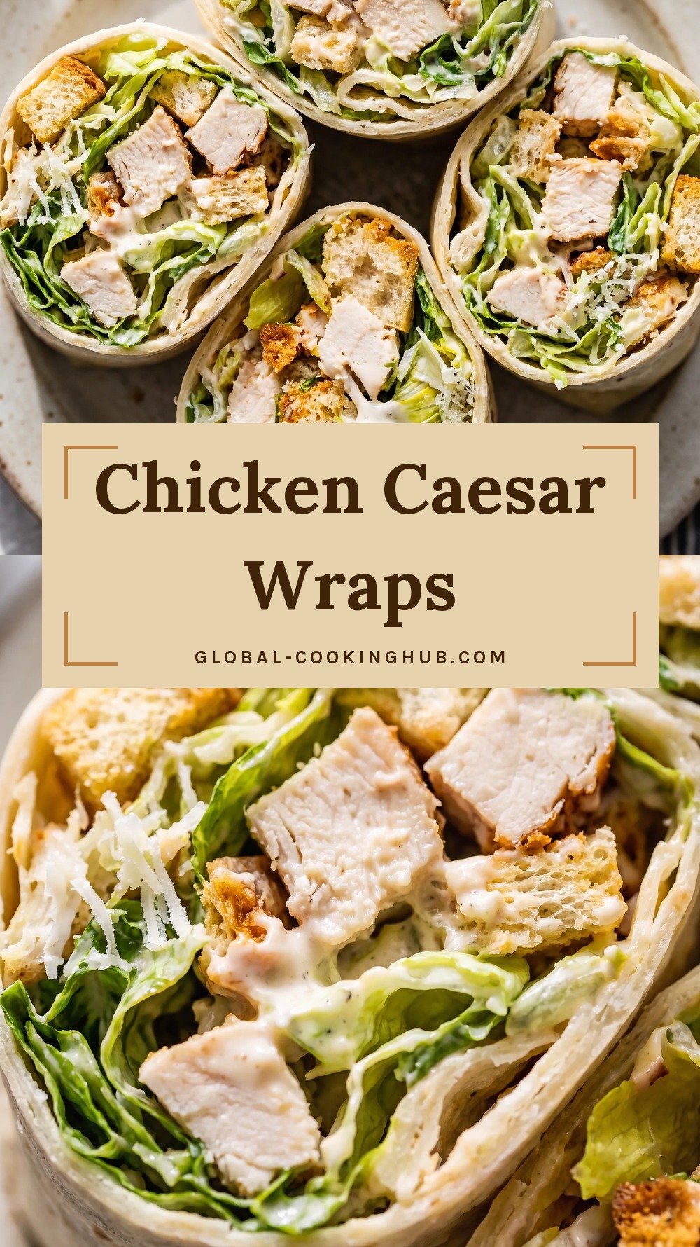Tortilla wraps cut in half with chicken, romaine, croutons and Caesar dressing.