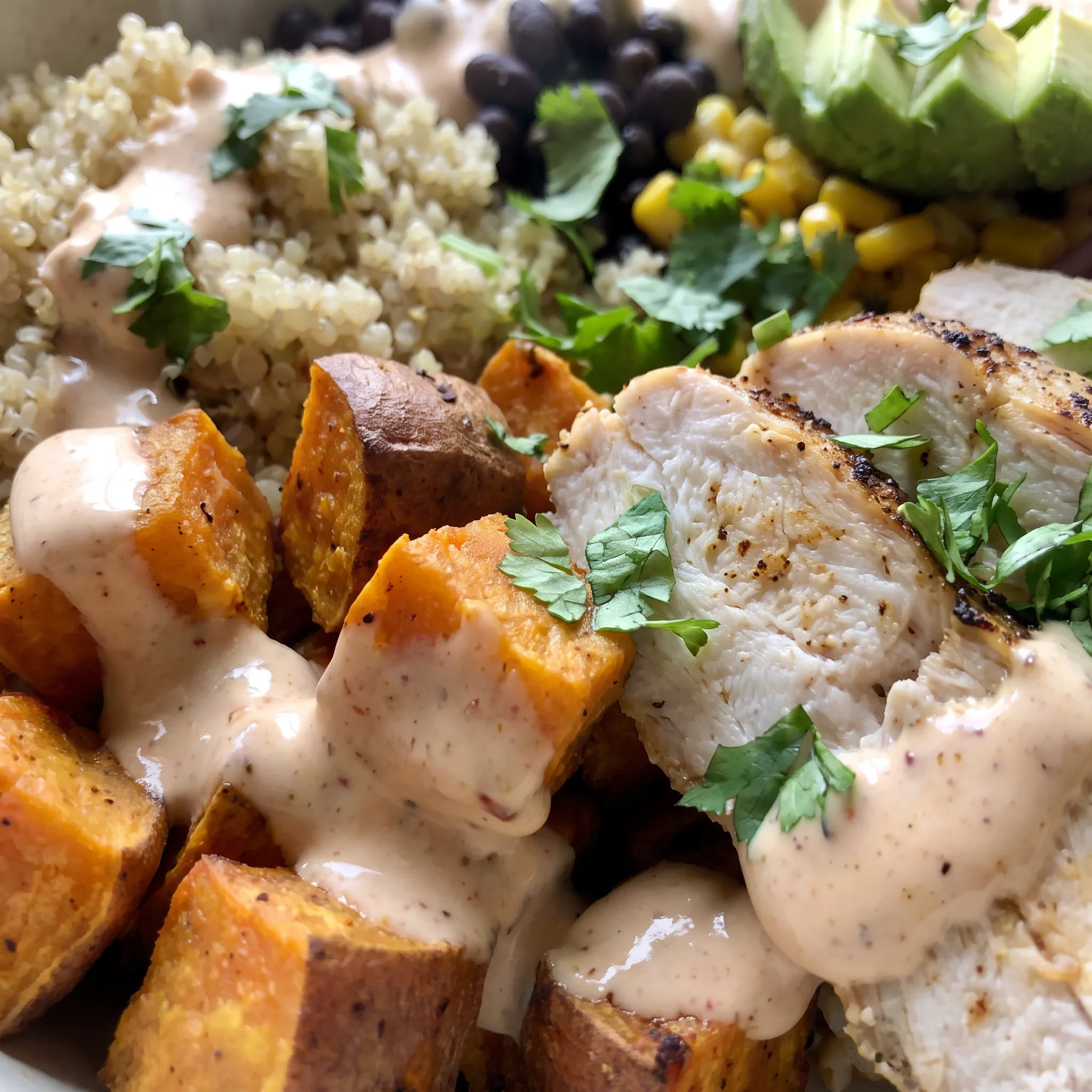 Creamy chipotle lime sauce drizzled over cubed sweet potato, shredded chicken, black beans, and corn.