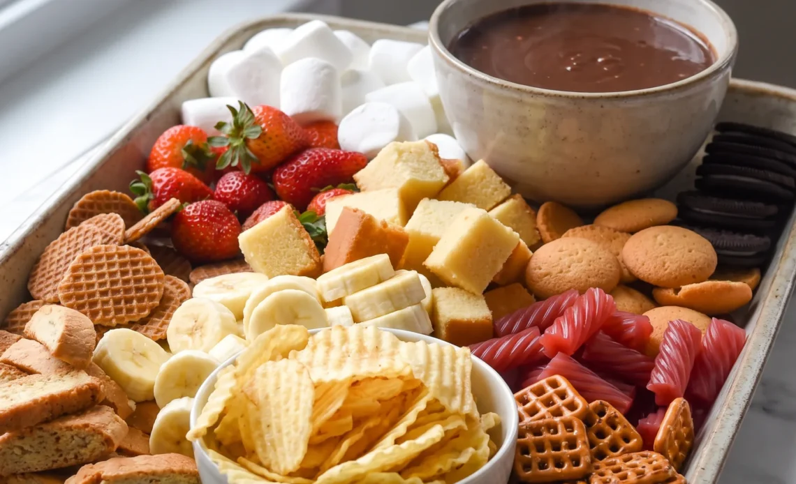 Chocolate fondue with melted dark chocolate, cream, and vanilla, glossy and smooth, with fruit and cubes for dipping.