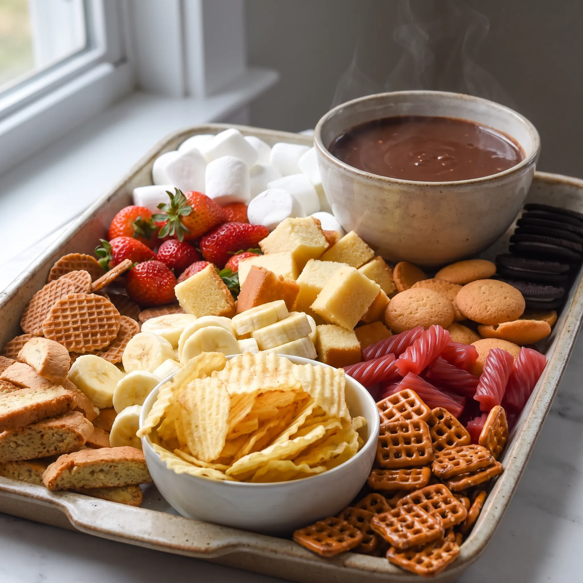 Chocolate fondue with melted dark chocolate, cream, and vanilla, glossy and smooth, with fruit and cubes for dipping.
