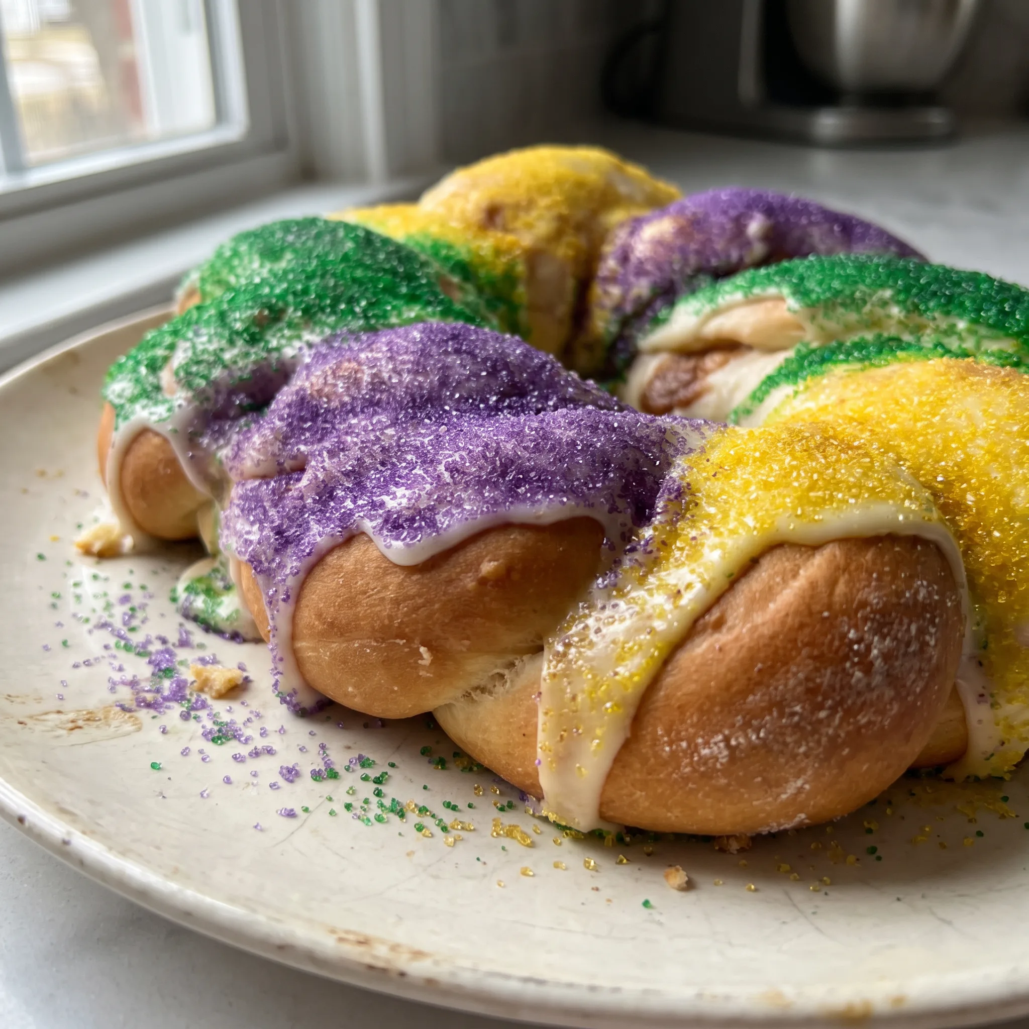 King cake ring with cream cheese filling, white frosting, and purple, green, and gold sugar bands.