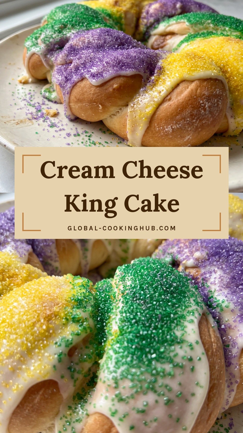 Braided ring king cake with white icing and purple, green and gold sugar.
