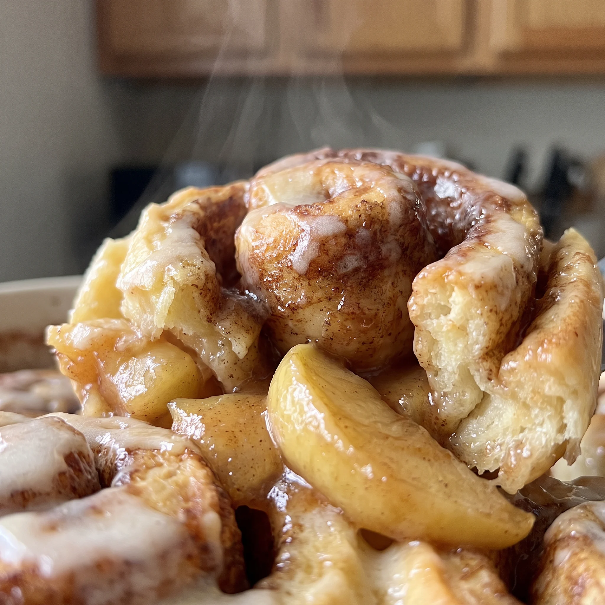 Glossy apple chunks and swirls of white icing over soft baked cinnamon roll dough in cream.