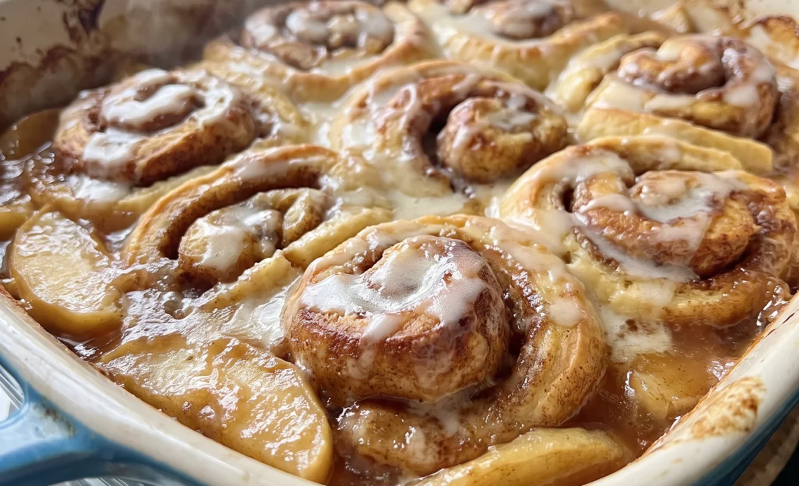 Cinnamon roll apple bake with golden rolled dough, apple pie filling, and white icing drizzled across the top.