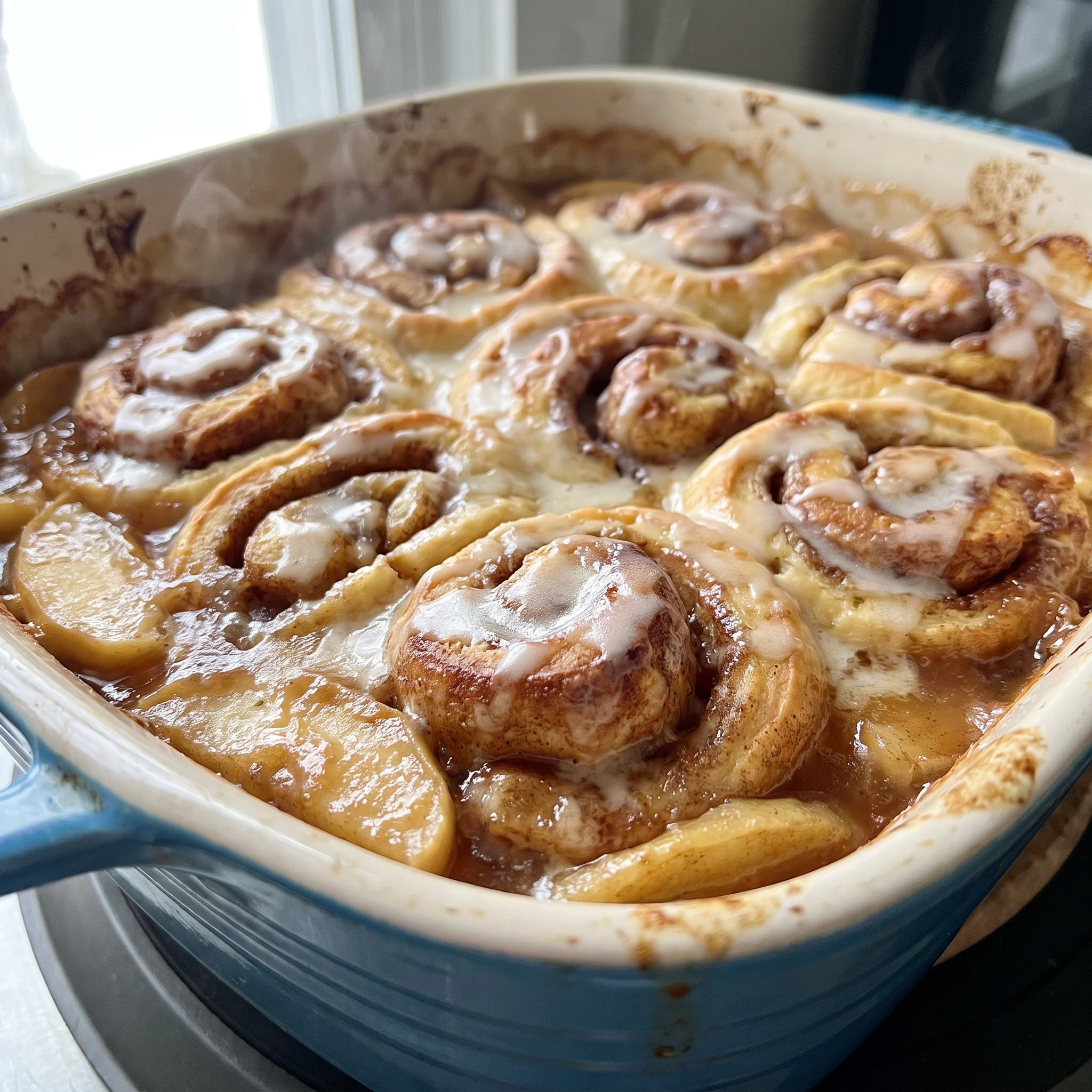 Cinnamon roll apple bake with golden rolled dough, apple pie filling, and white icing drizzled across the top.