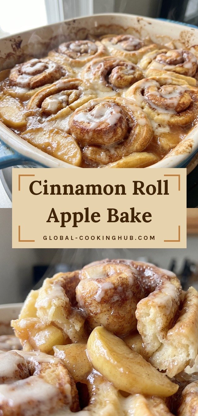 Golden cinnamon roll pieces baked over glossy apple pie filling, drizzled with white icing and cream.