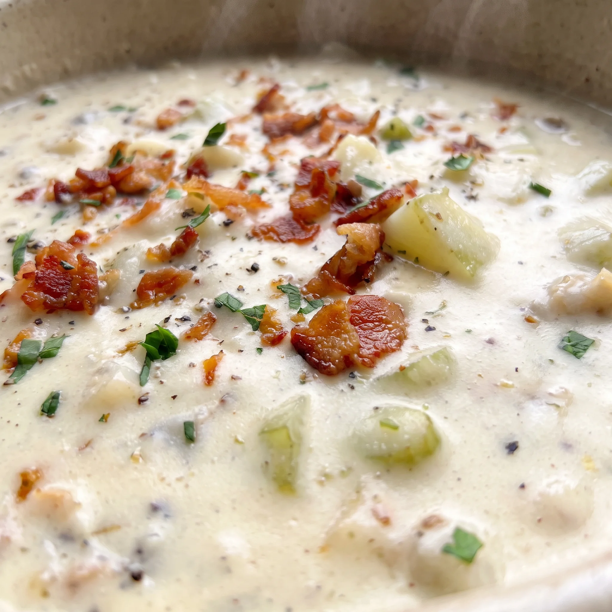 Tender clam pieces and crisp bacon bits in a smooth, heavy cream broth with soft potato cubes.