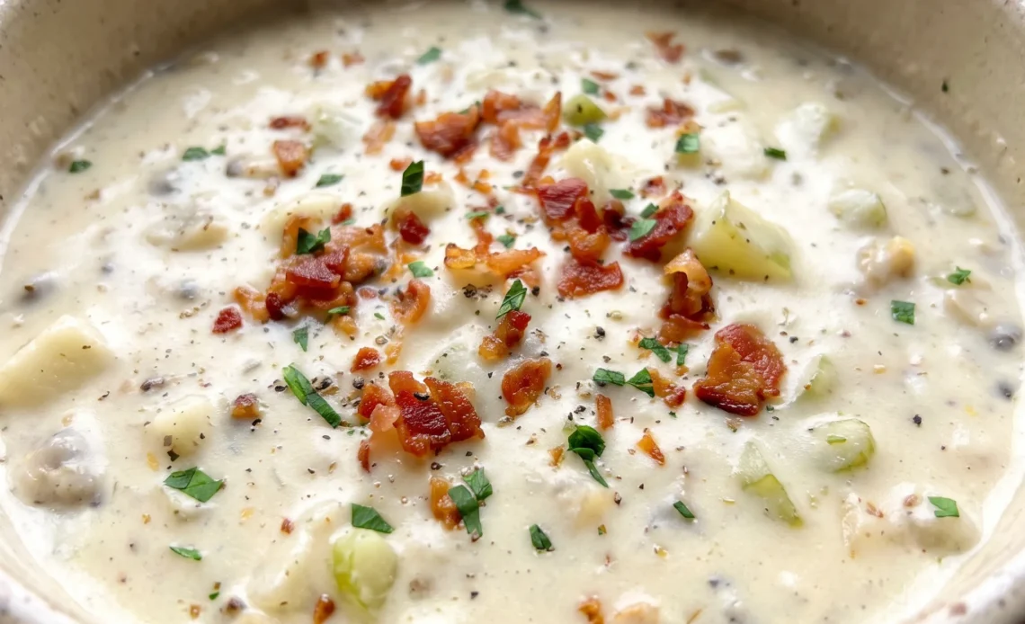 Creamy clam chowder with bacon, clams, diced potatoes, and celery in a thick pale cream base.