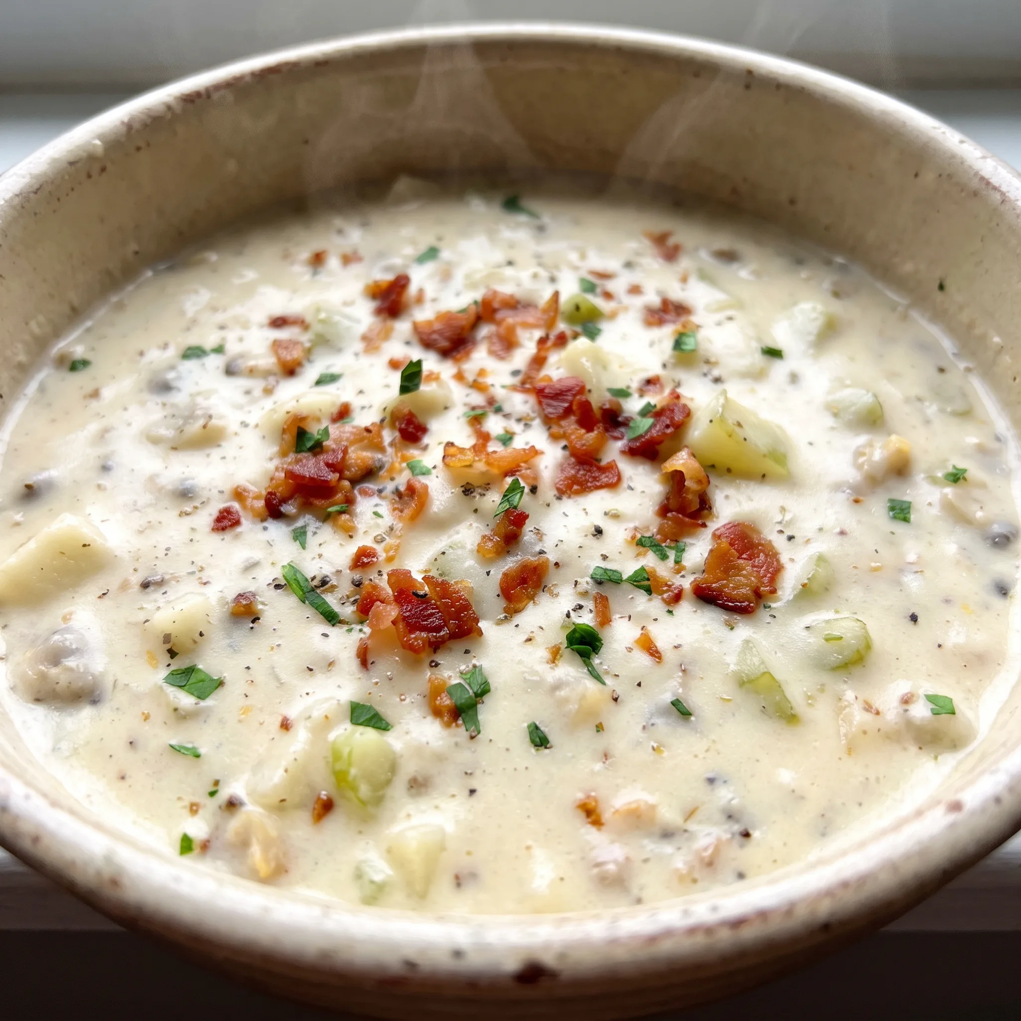 Creamy clam chowder with bacon, clams, diced potatoes, and celery in a thick pale cream base.