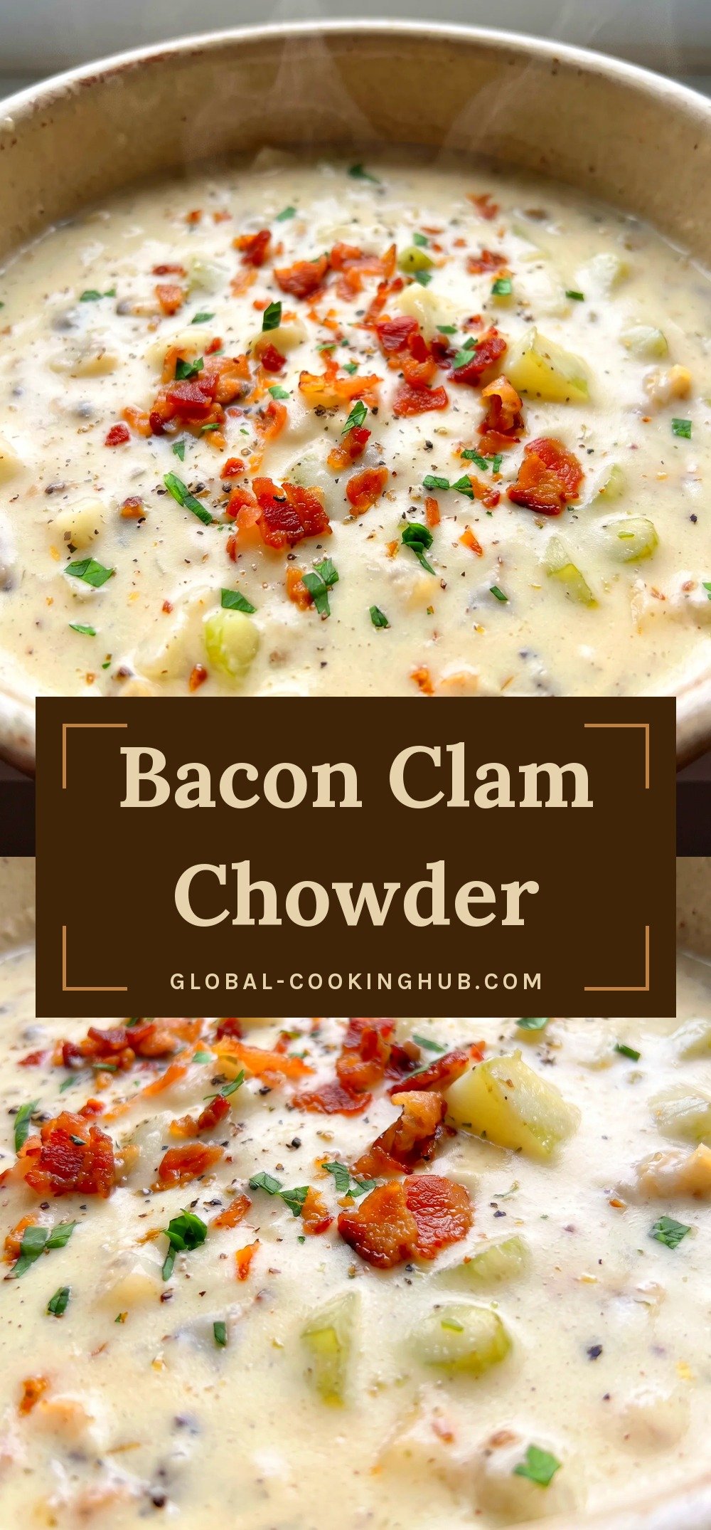 Creamy white clam chowder with golden bacon bits, diced russet potatoes, chopped clams, and green celery in a thick broth.