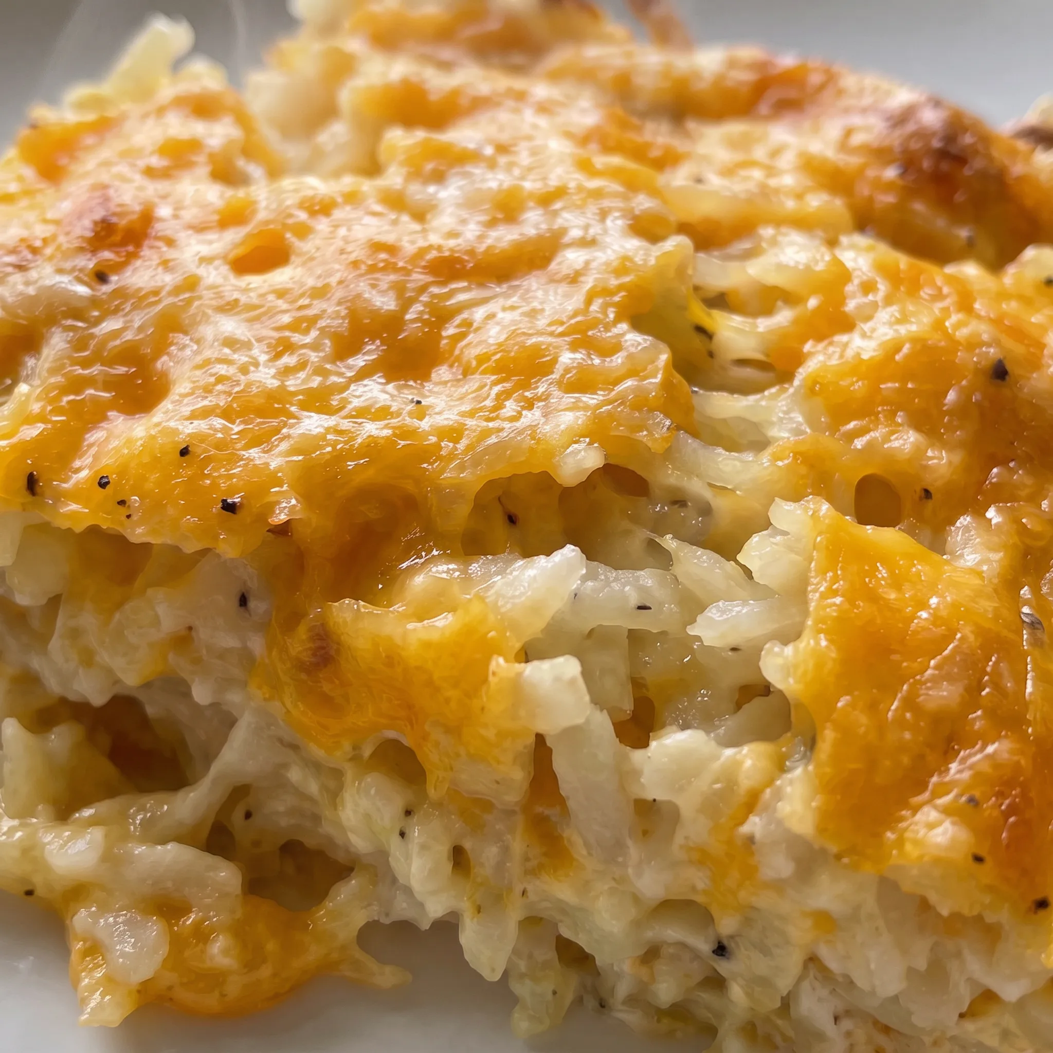 Crisp, golden shredded potato edges surround a soft, cheesy cheddar center with a creamy, buttery texture.