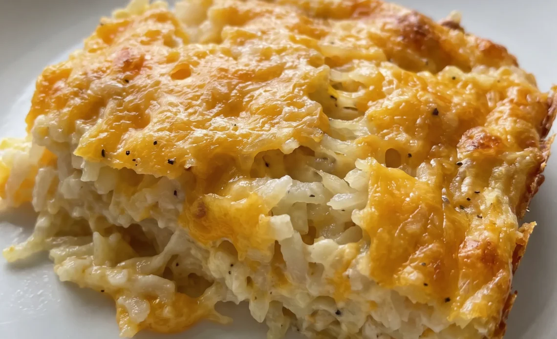 Golden brown shredded hash browns baked with melted cheddar cheese and a creamy sour cream and cream of chicken base.