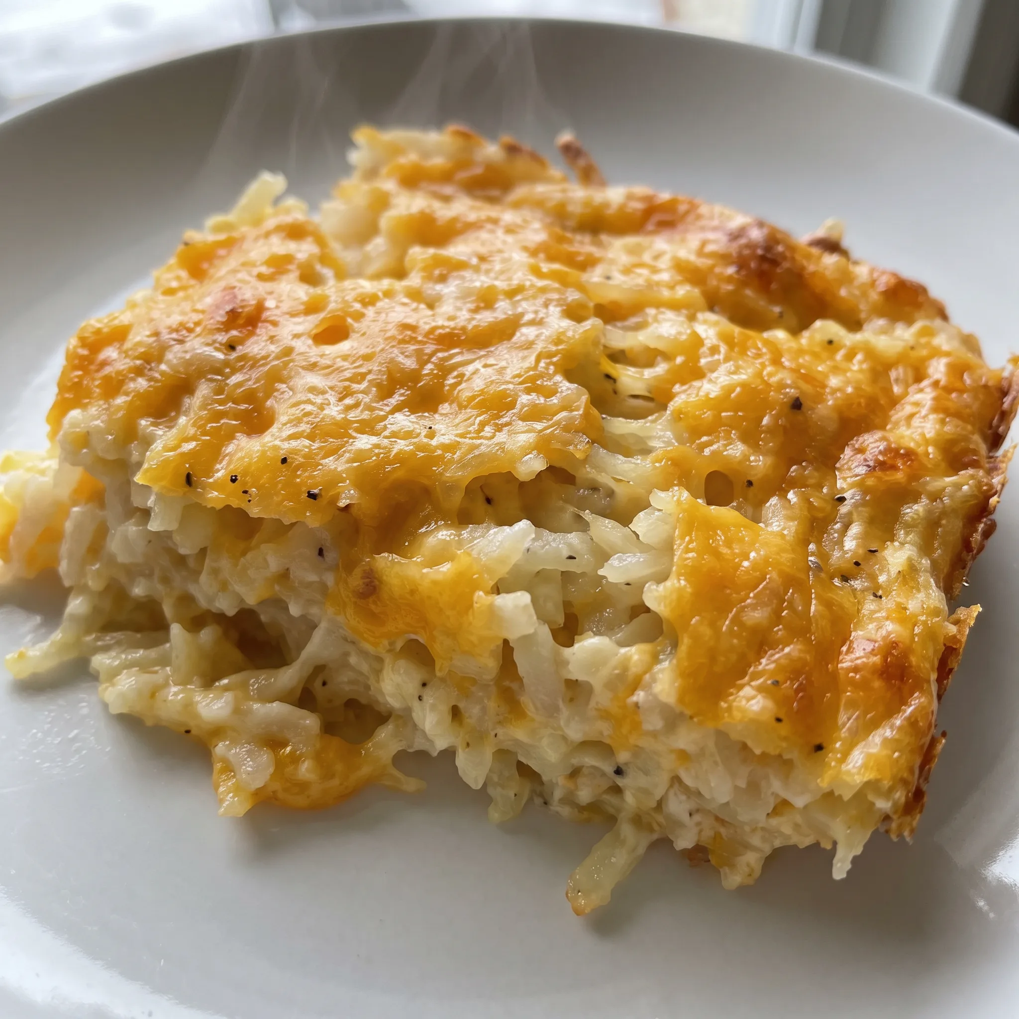 Golden brown shredded hash browns baked with melted cheddar cheese and a creamy sour cream and cream of chicken base.