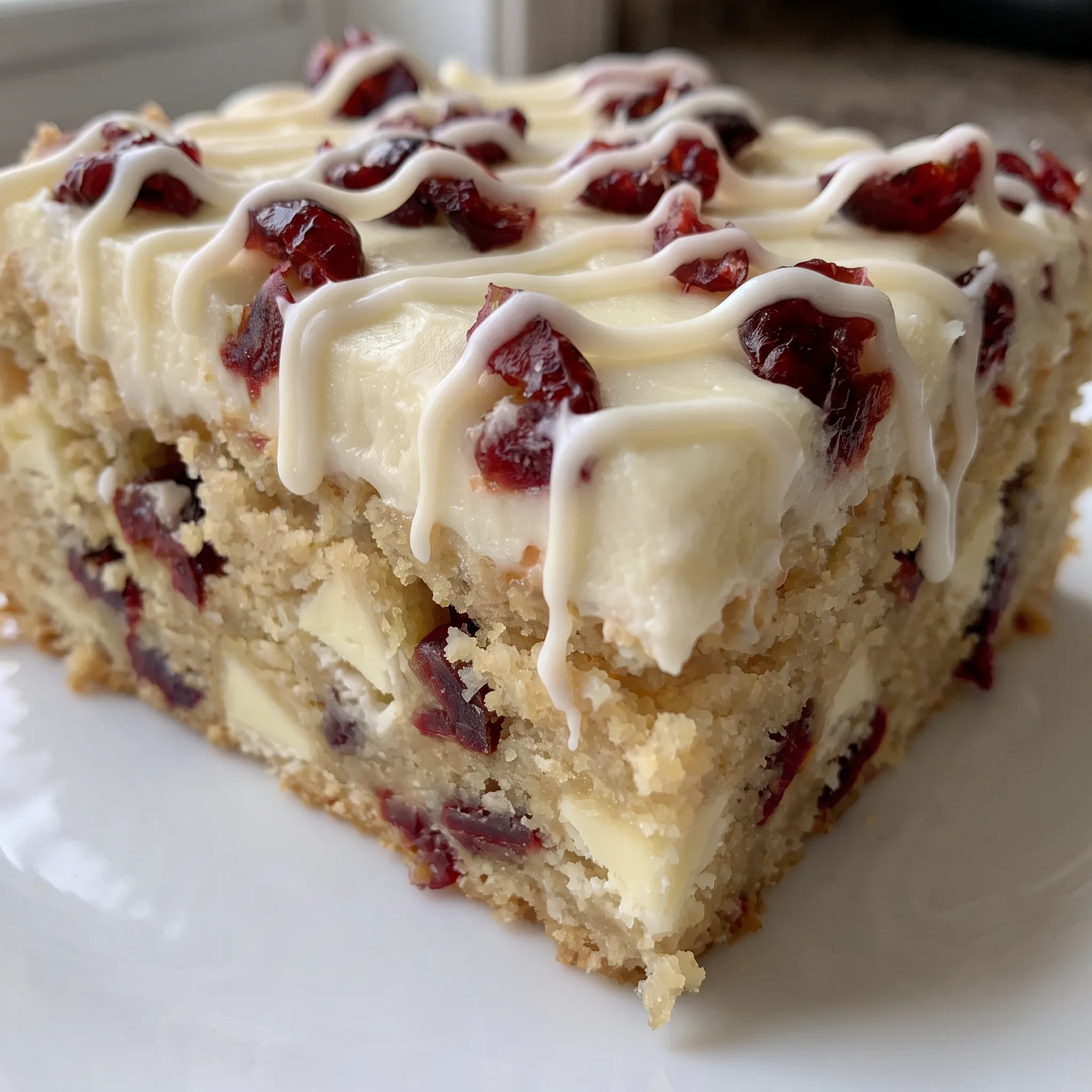Thick cream cheese frosting swirled with white chocolate and studded with dried cranberries.