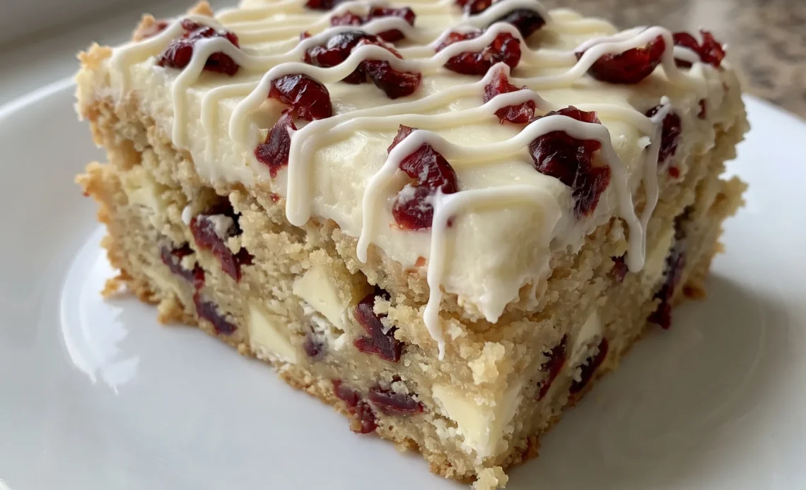 Cranberry bliss bars topped with white chocolate drizzle and dried cranberries over cream cheese frosting.