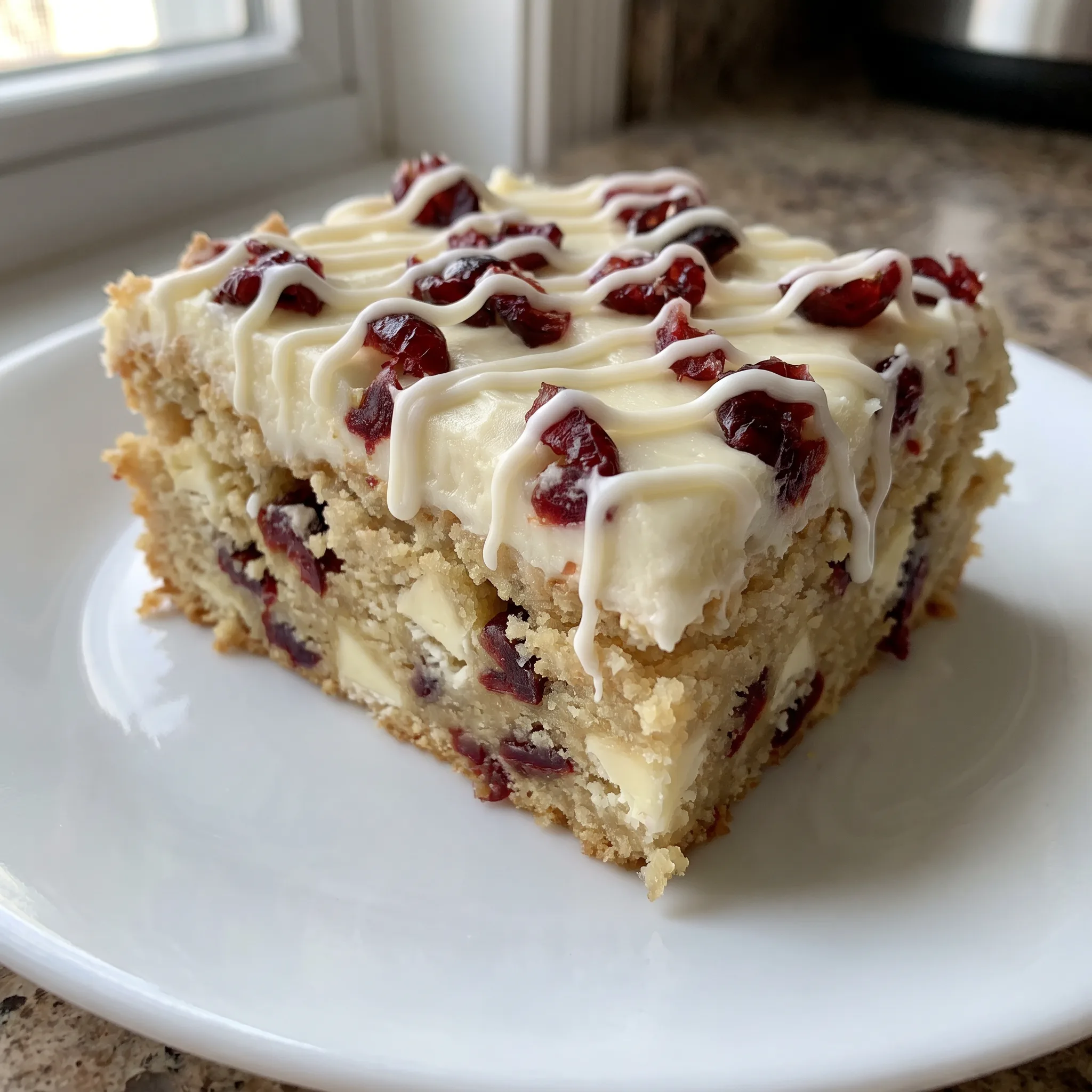 Cranberry bliss bars topped with white chocolate drizzle and dried cranberries over cream cheese frosting.