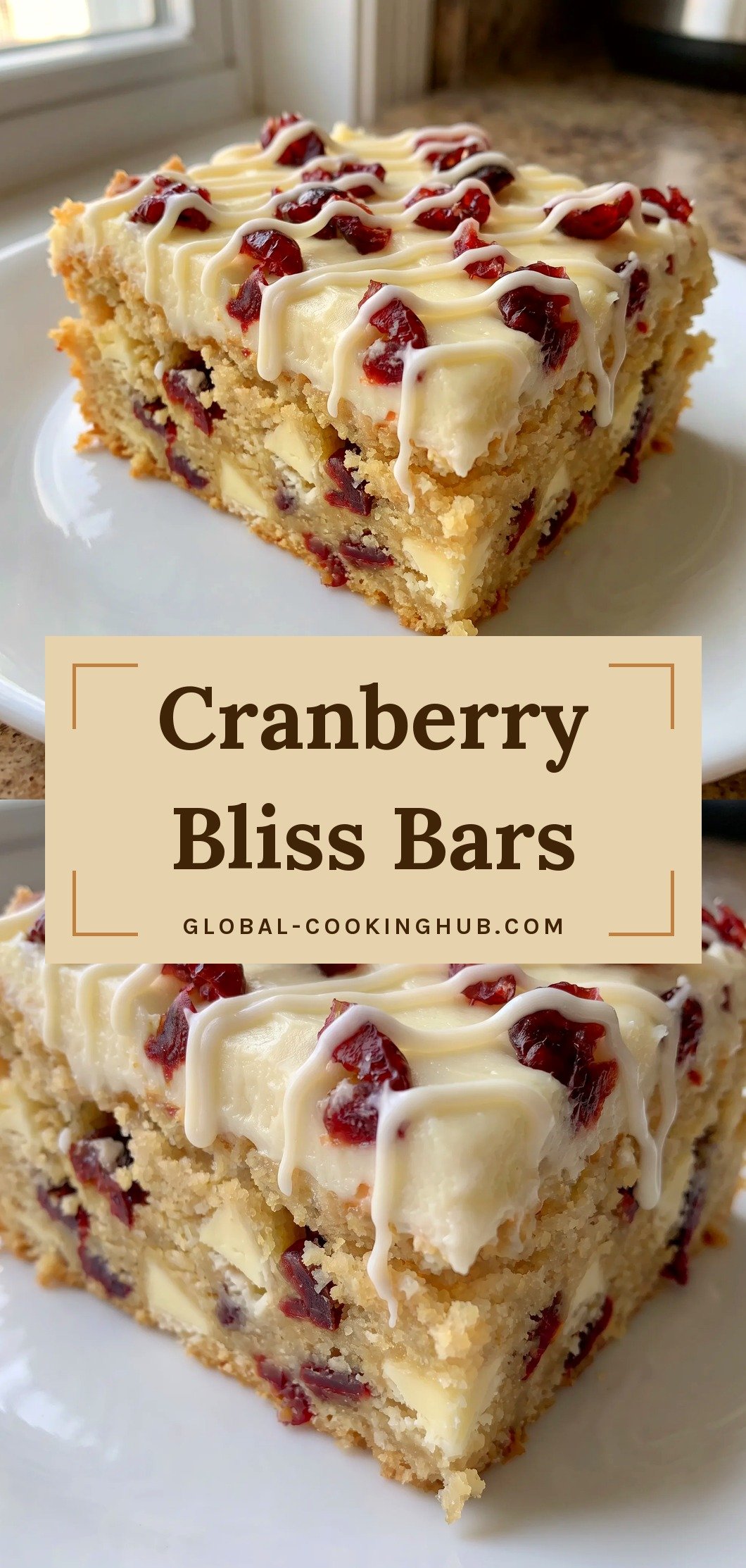 Golden cake bars topped with white cream cheese frosting, dried cranberries, and thin white icing drizzle.