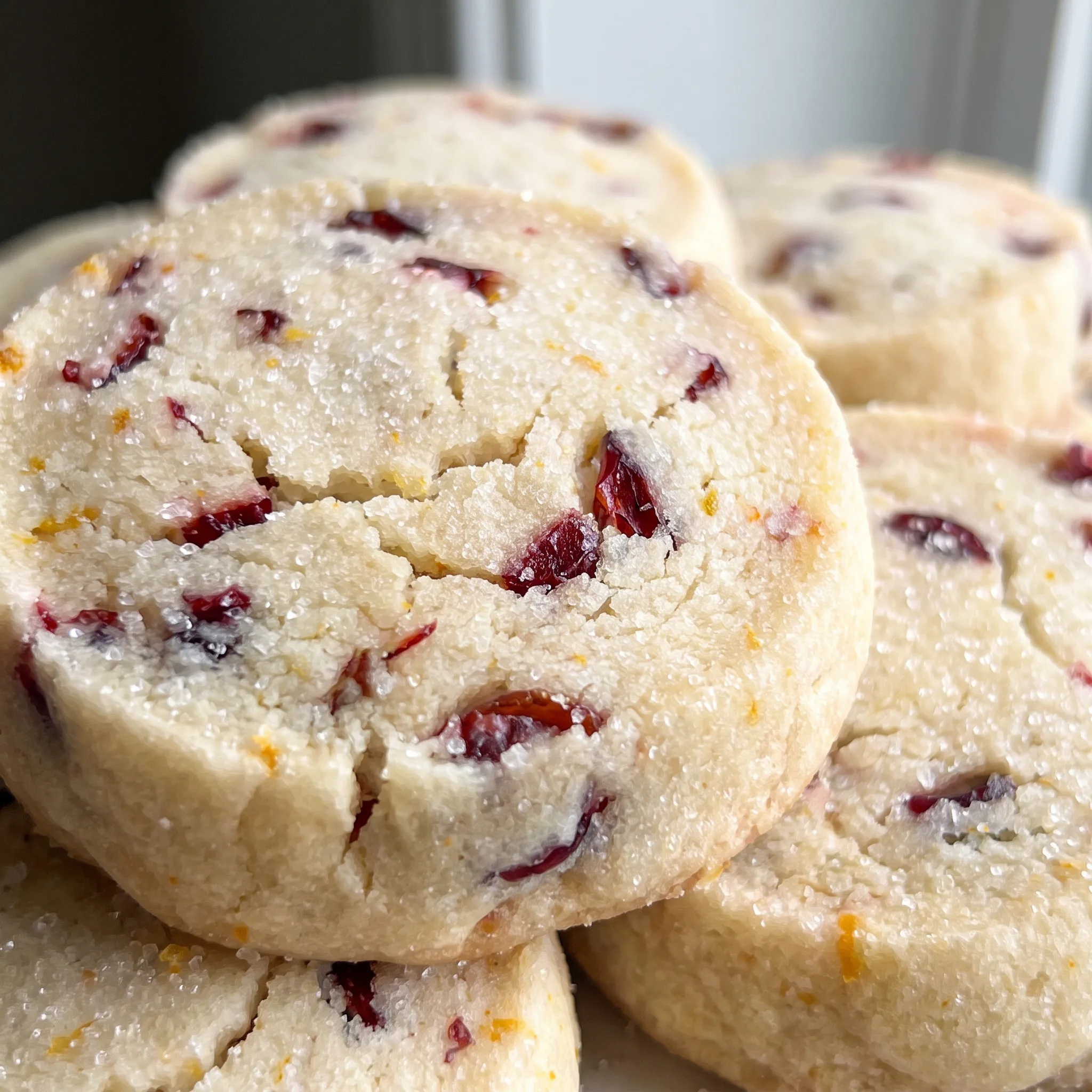Golden shortbread cookies studded with tart red cranberries and bright orange zest, crisp edges and buttery crumb.