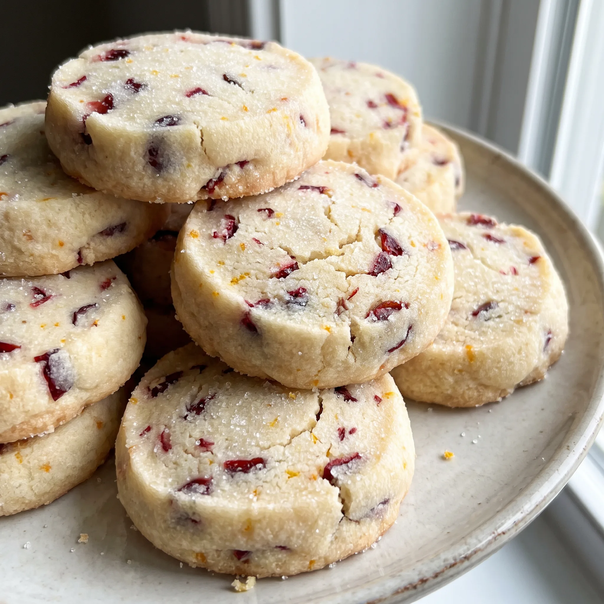Cranberry orange shortbread cookies with red cranberry pieces and orange zest flecks baked into pale golden rounds.