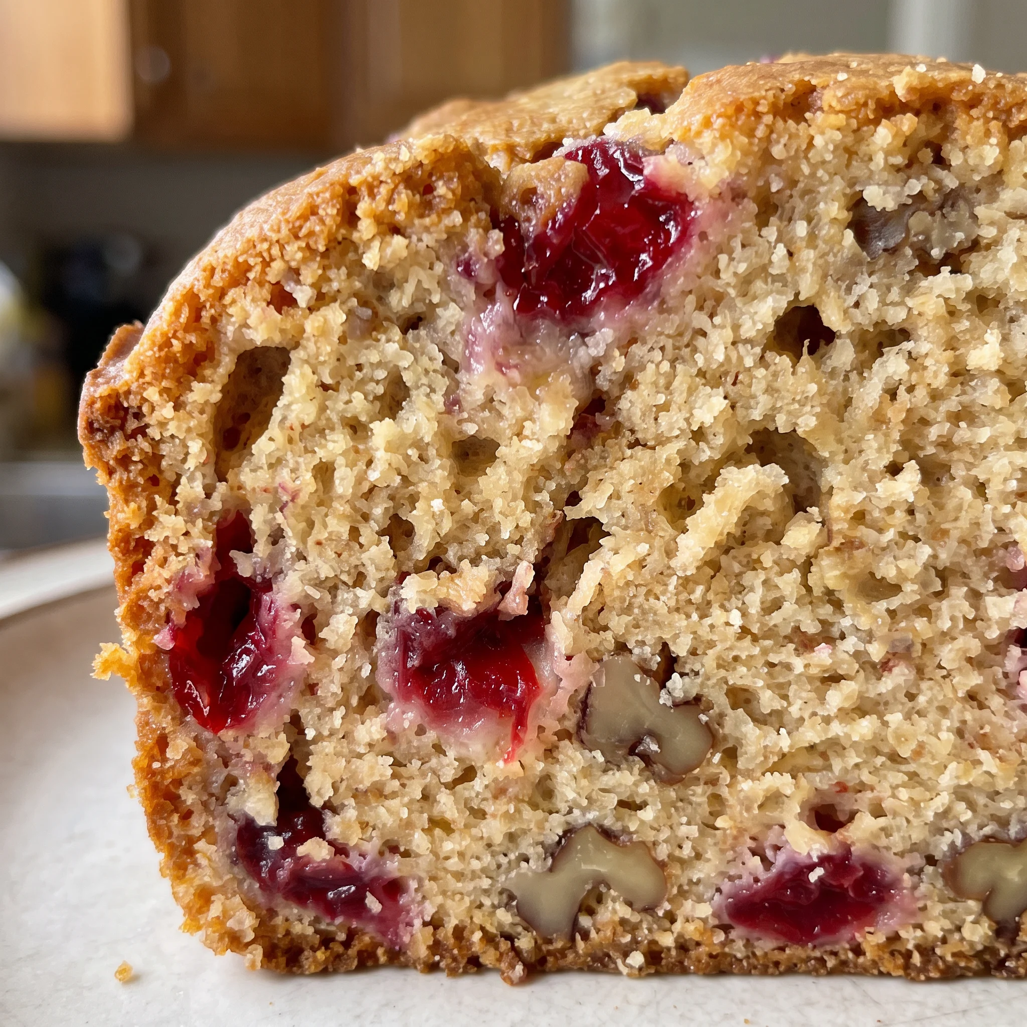A slice of cranberry orange walnut bread showing moist crumb, red cranberry pieces, and crunchy walnut chunks.