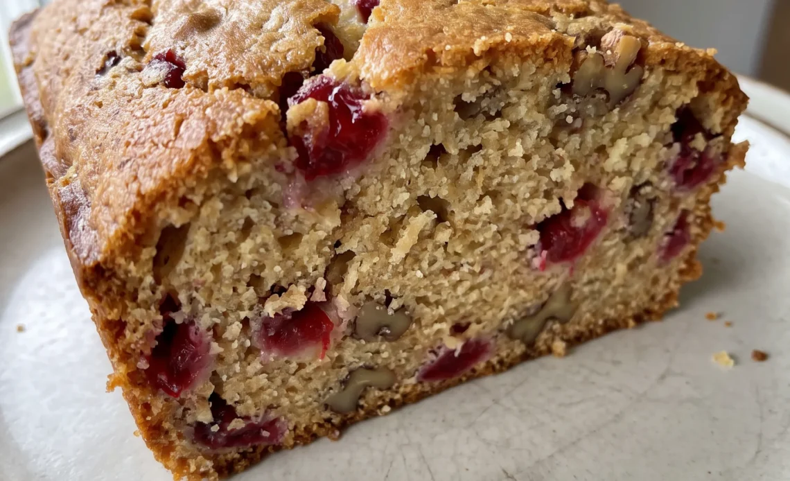 Cranberry orange walnut bread with tart red cranberries, orange zest, and chopped walnuts visible in a golden brown slice.