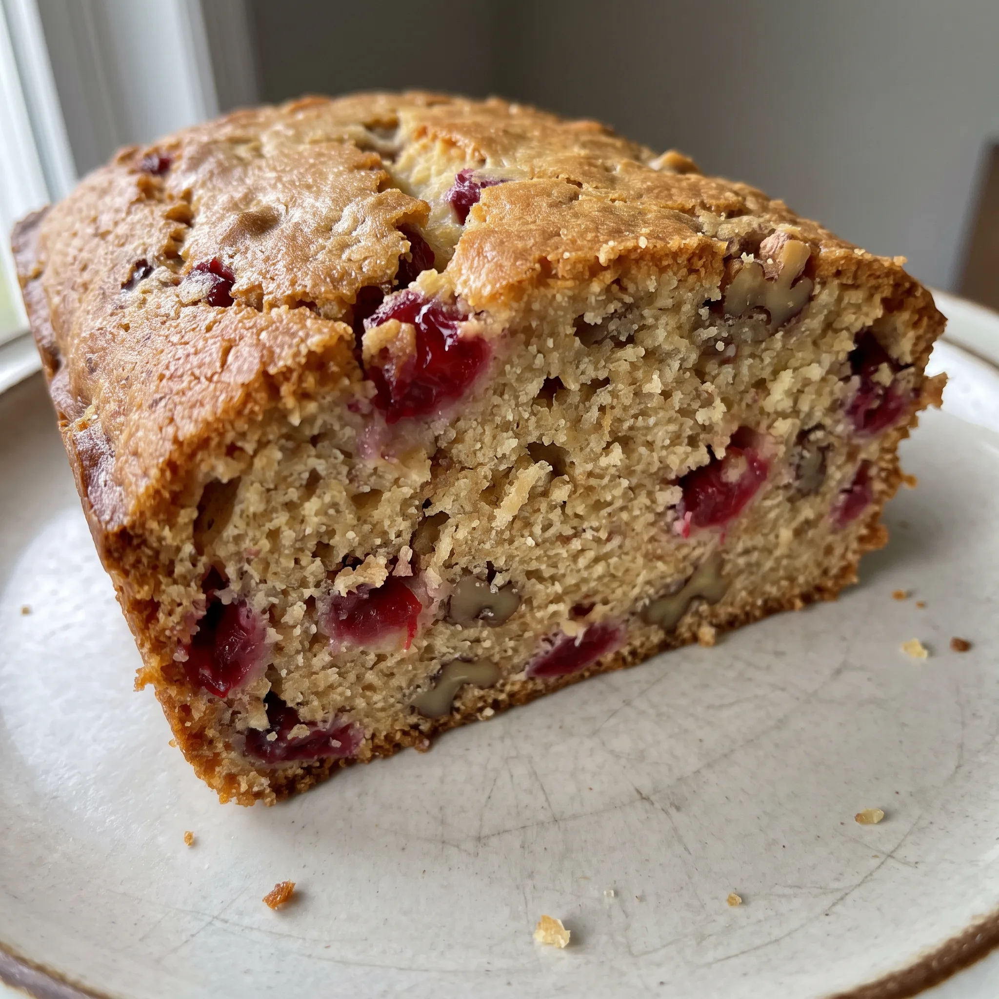 Cranberry orange walnut bread with tart red cranberries, orange zest, and chopped walnuts visible in a golden brown slice.